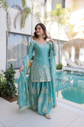 Aaryaa sky blue Fendi crush kurti sharara set with zari sequins embroidery
