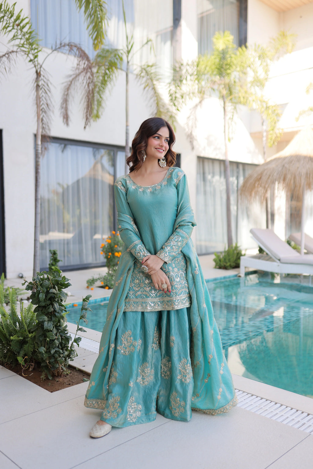 Aaryaa sky blue Fendi crush kurti sharara set with zari sequins embroidery