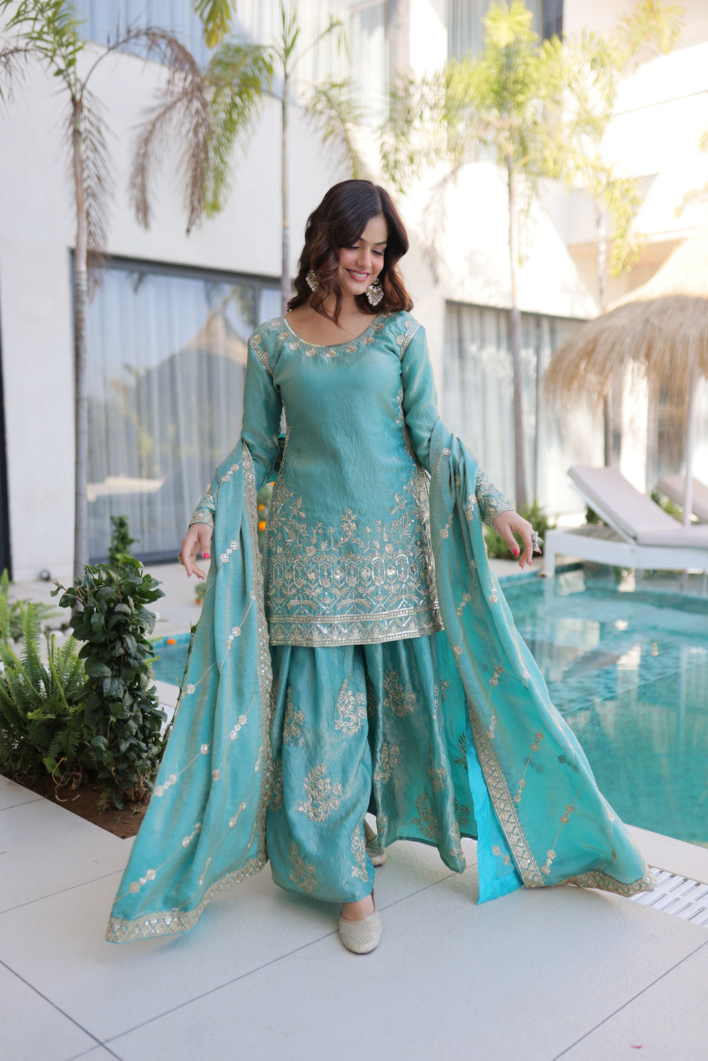 Aaryaa sky blue Fendi crush kurti sharara set with zari sequins embroidery