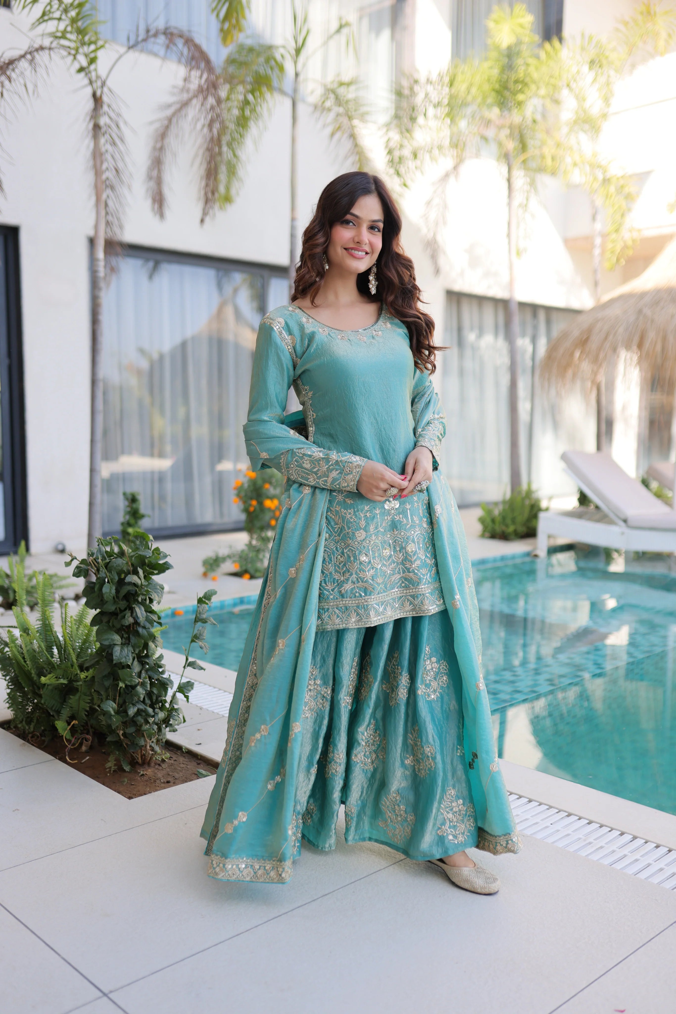 Aaryaa sky blue Fendi crush kurti sharara set with zari sequins embroidery