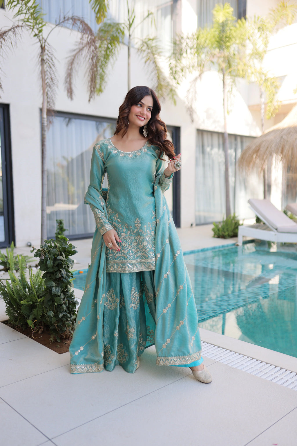 Aaryaa sky blue Fendi crush kurti sharara set with zari sequins embroidery