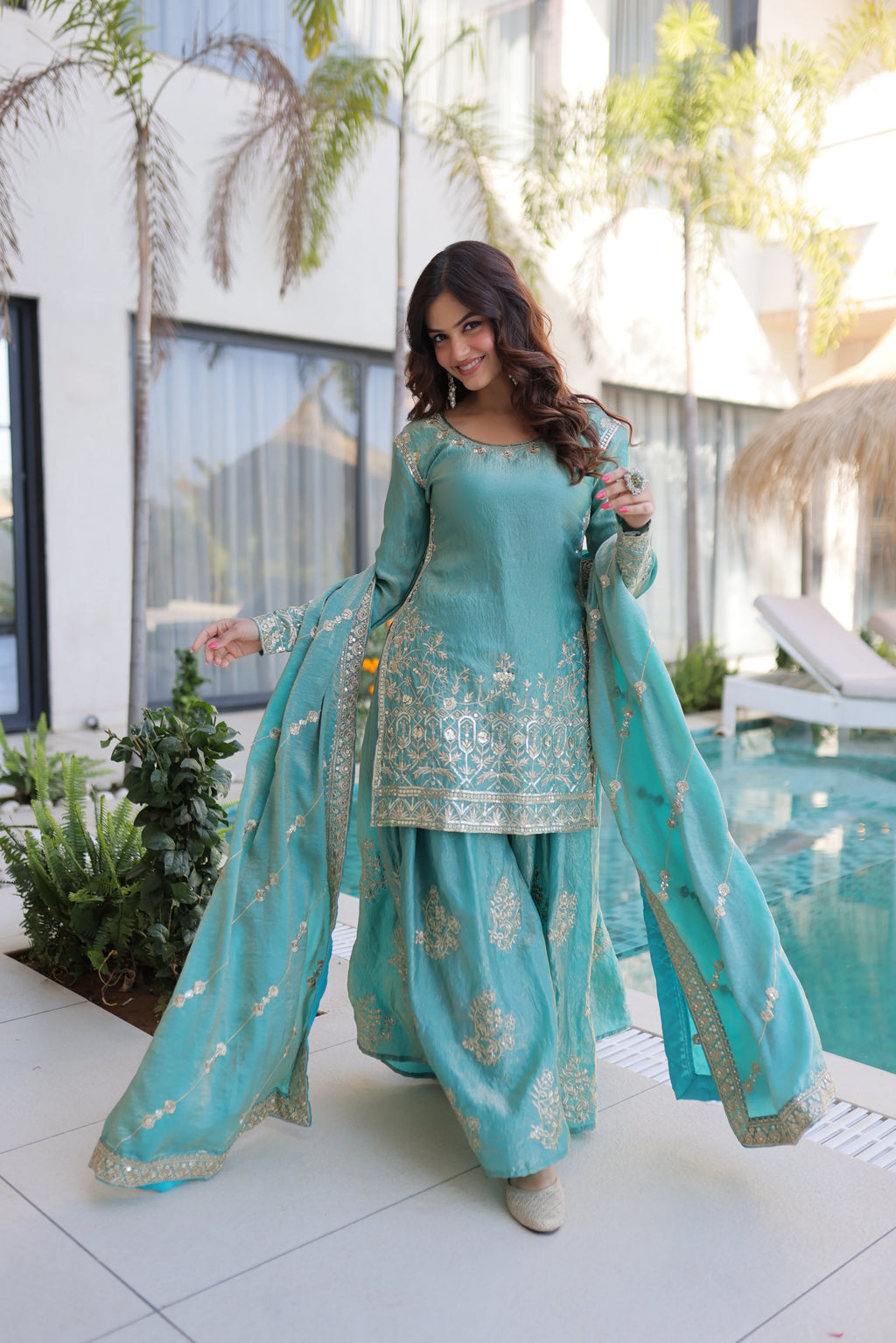 Aaryaa sky blue Fendi crush kurti sharara set with zari sequins embroidery