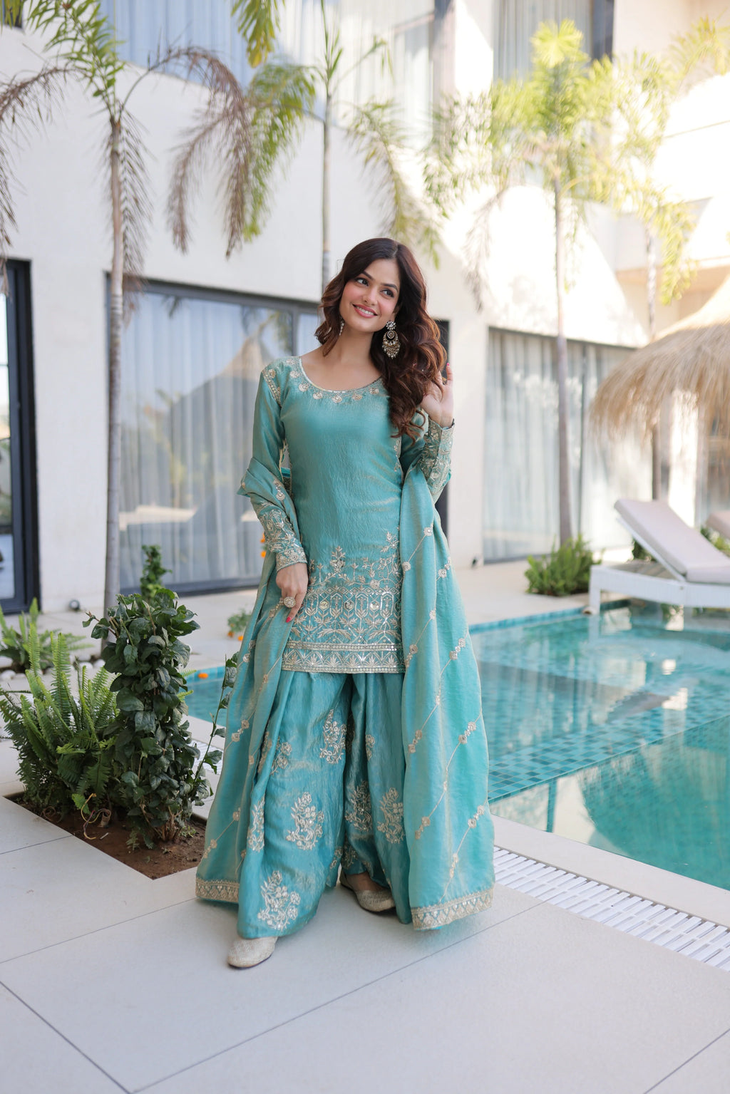 Aaryaa sky blue Fendi crush kurti sharara set with zari sequins embroidery