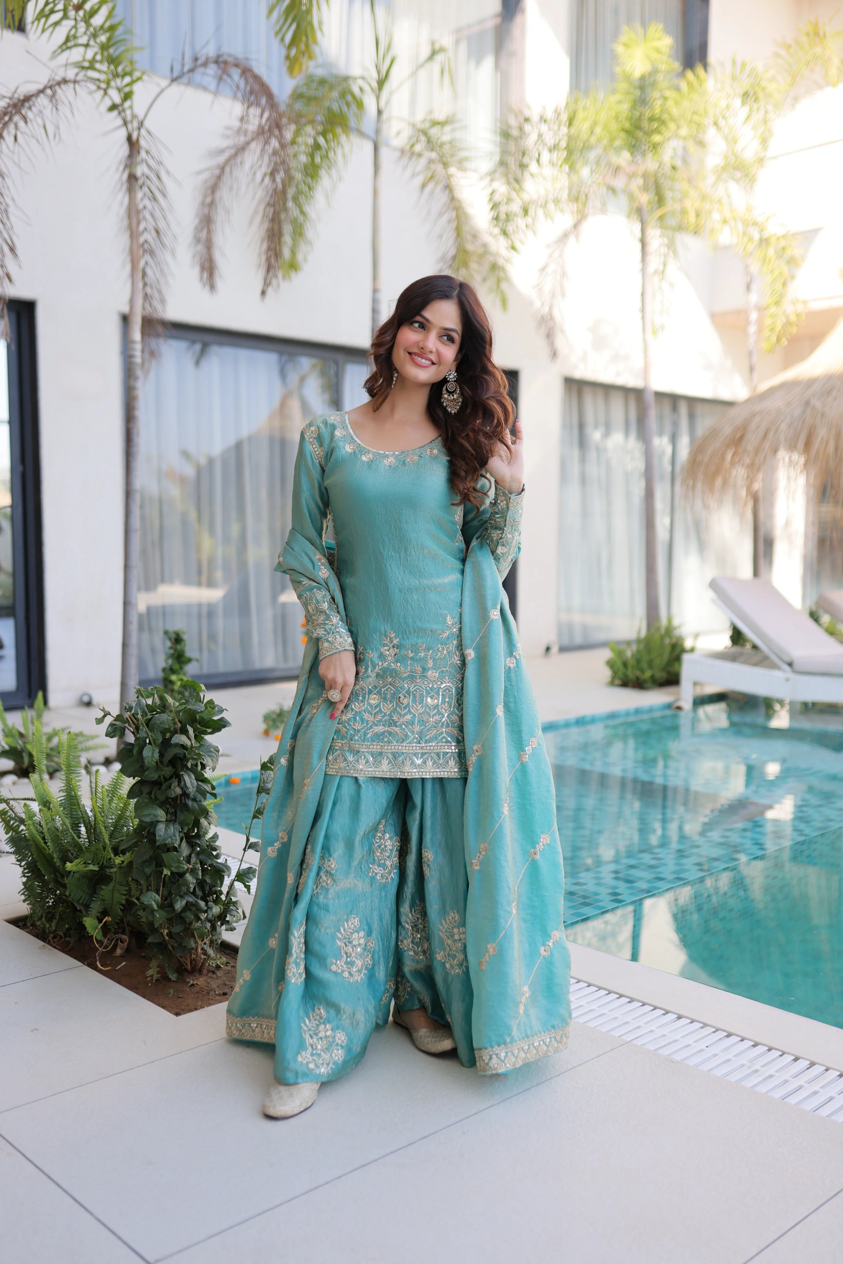Aaryaa sky blue Fendi crush kurti sharara set with zari sequins embroidery