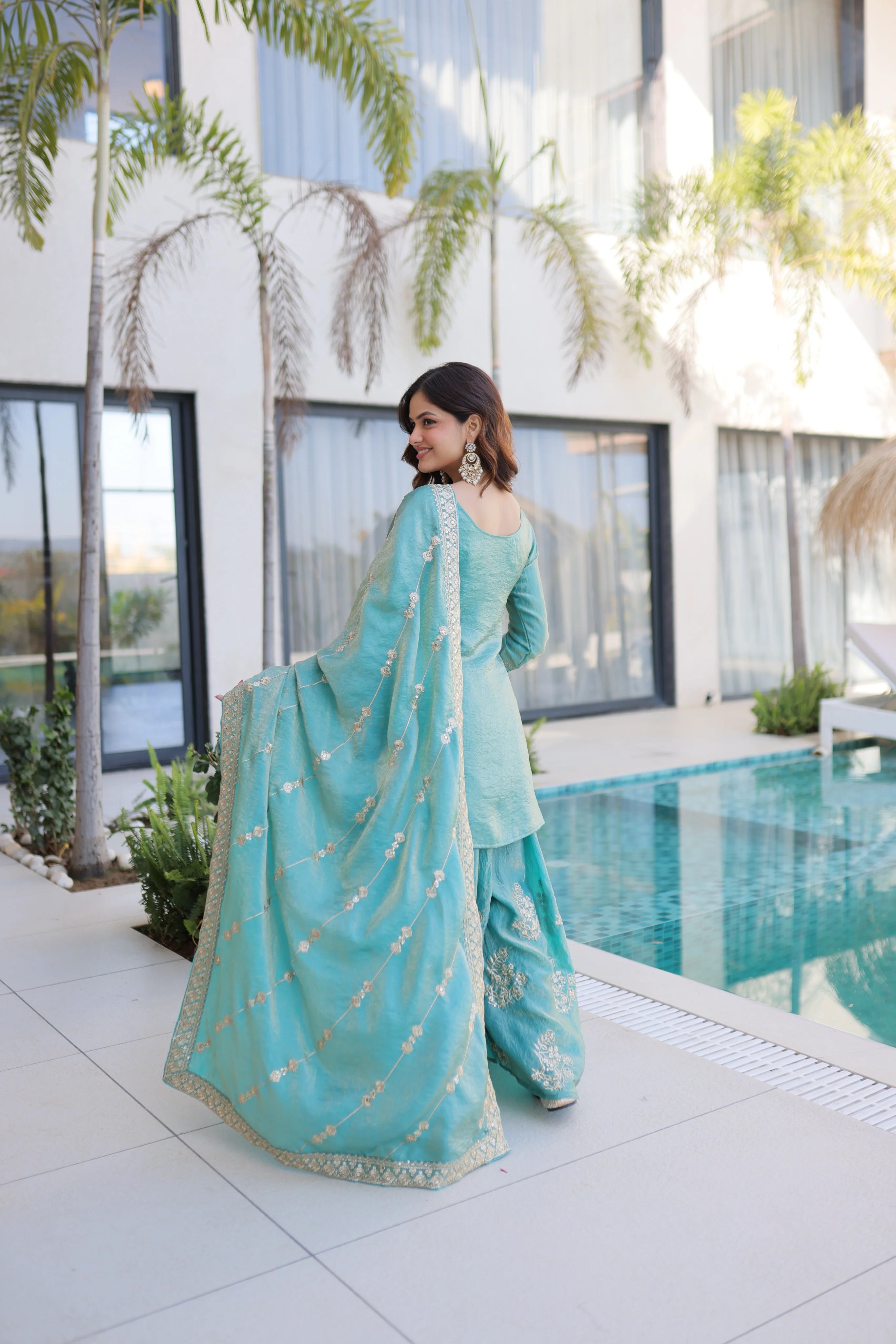 Aaryaa sky blue Fendi crush kurti sharara set with zari sequins embroidery