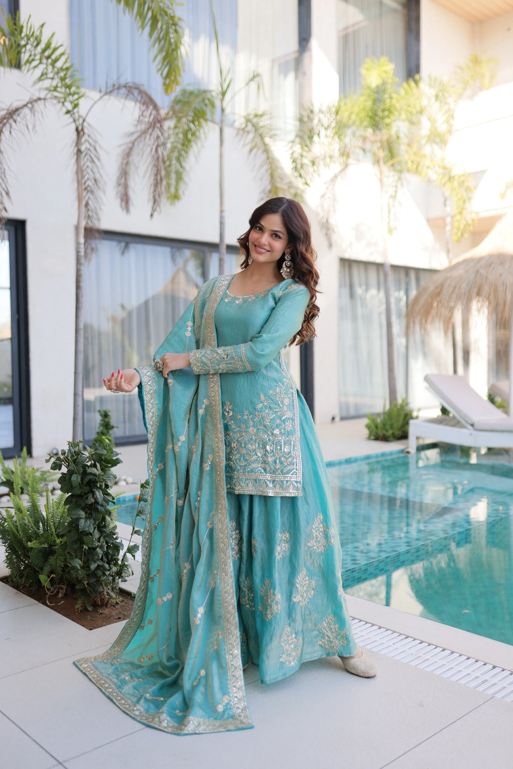 Aaryaa sky blue Fendi crush kurti sharara set with zari sequins embroidery