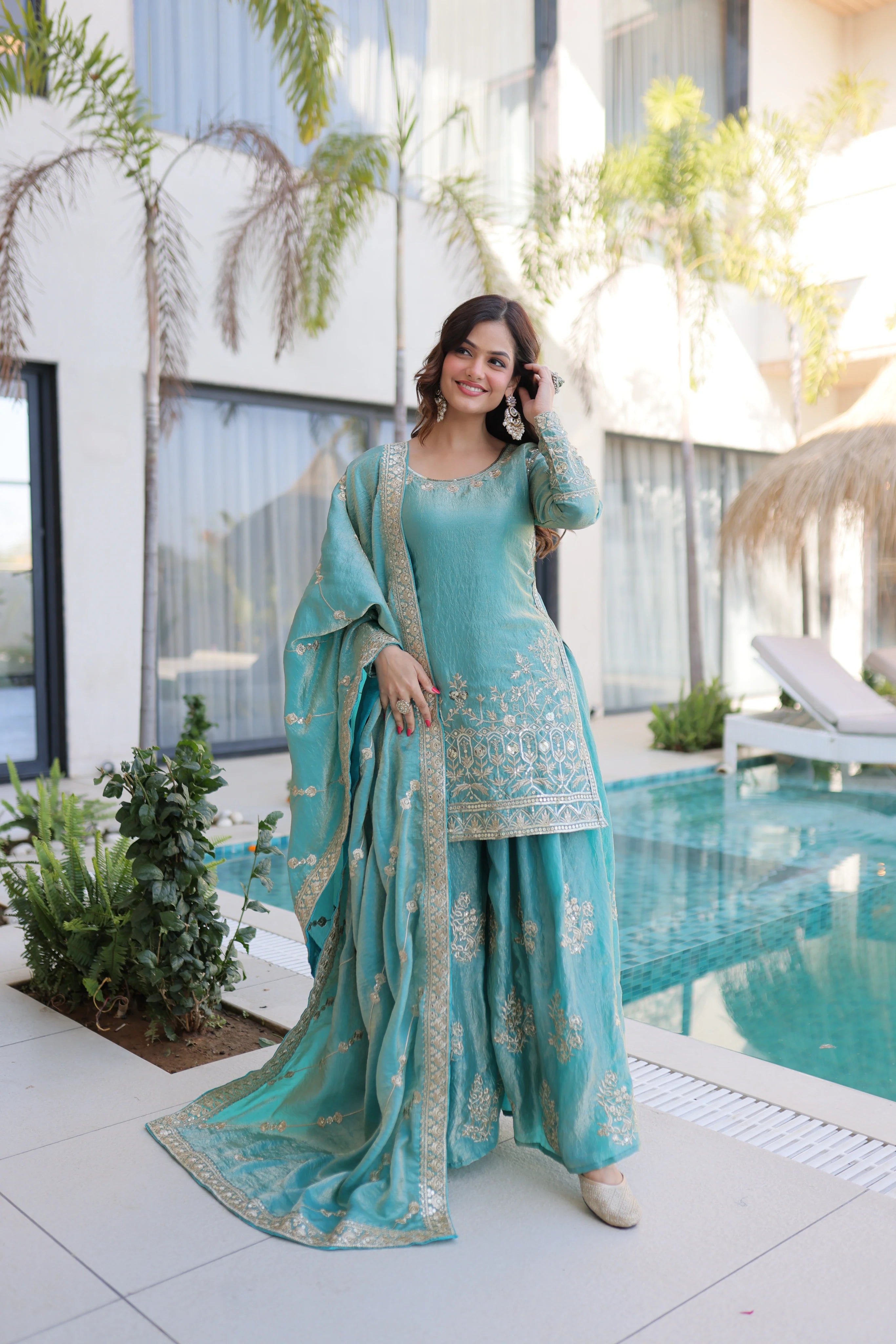 Aaryaa sky blue Fendi crush kurti sharara set with zari sequins embroidery