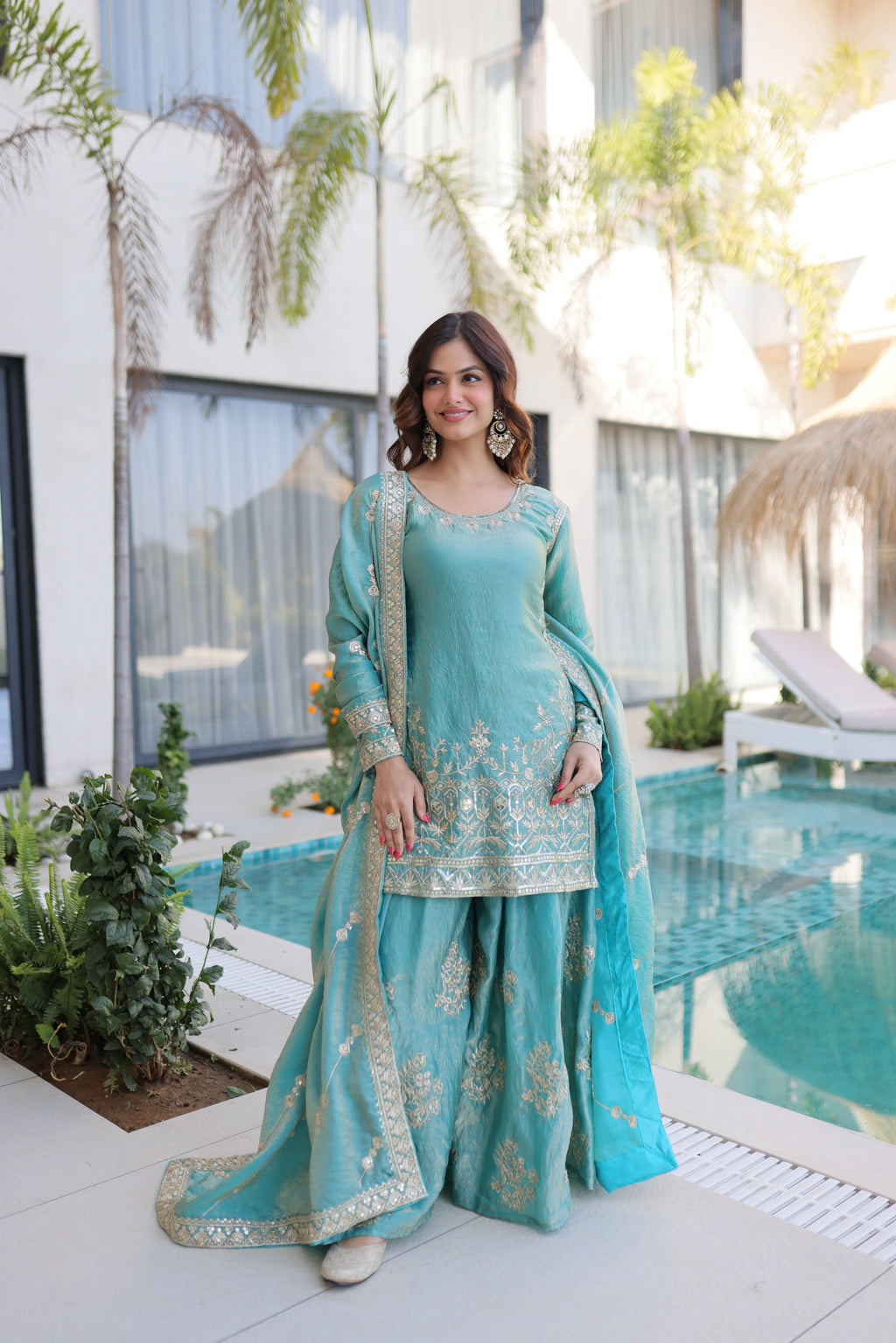 Aaryaa sky blue Fendi crush kurti sharara set with zari sequins embroidery