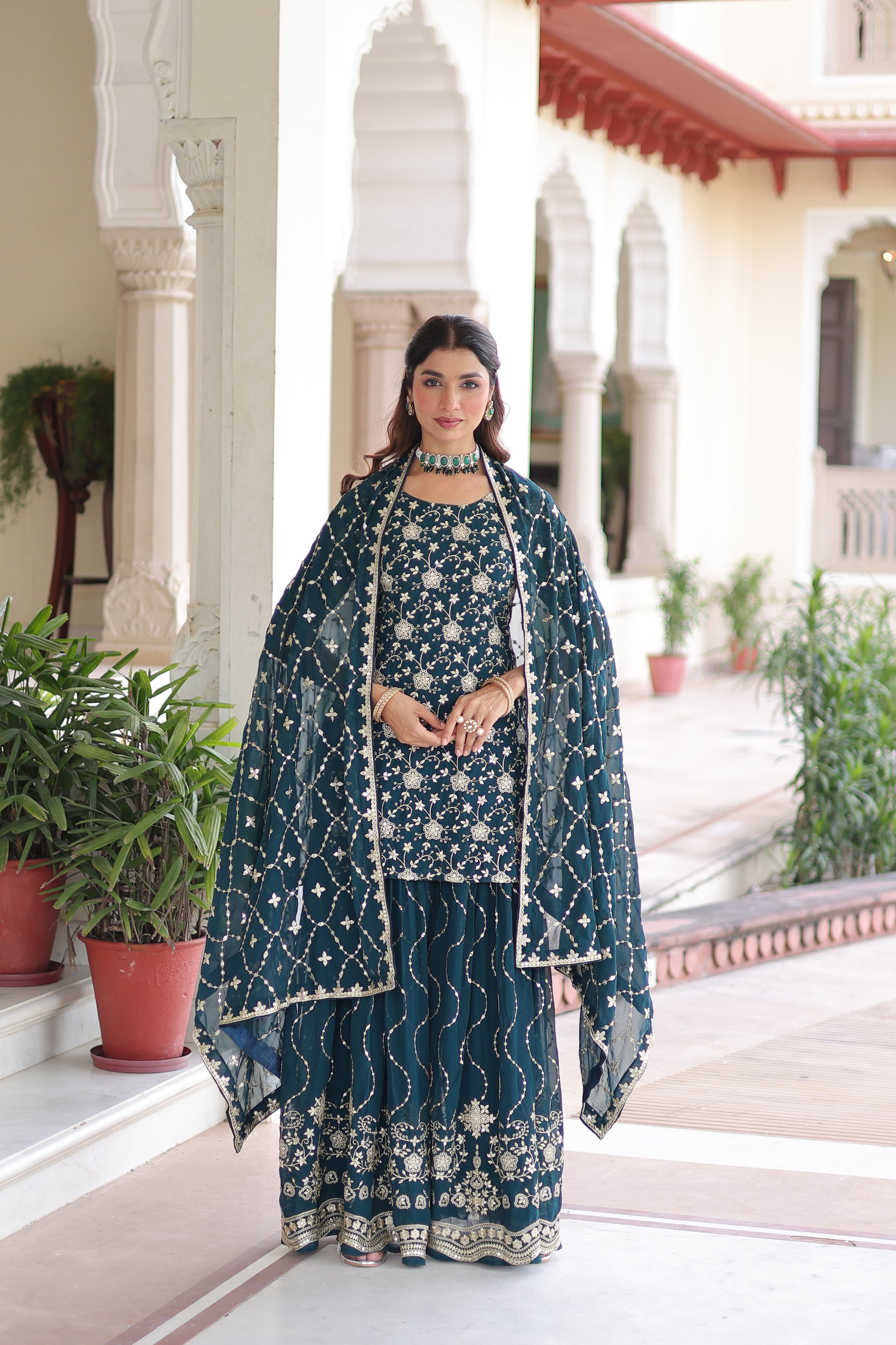 Aysa teal blue faux georgette kurti sharara set with rich sequins embroidery