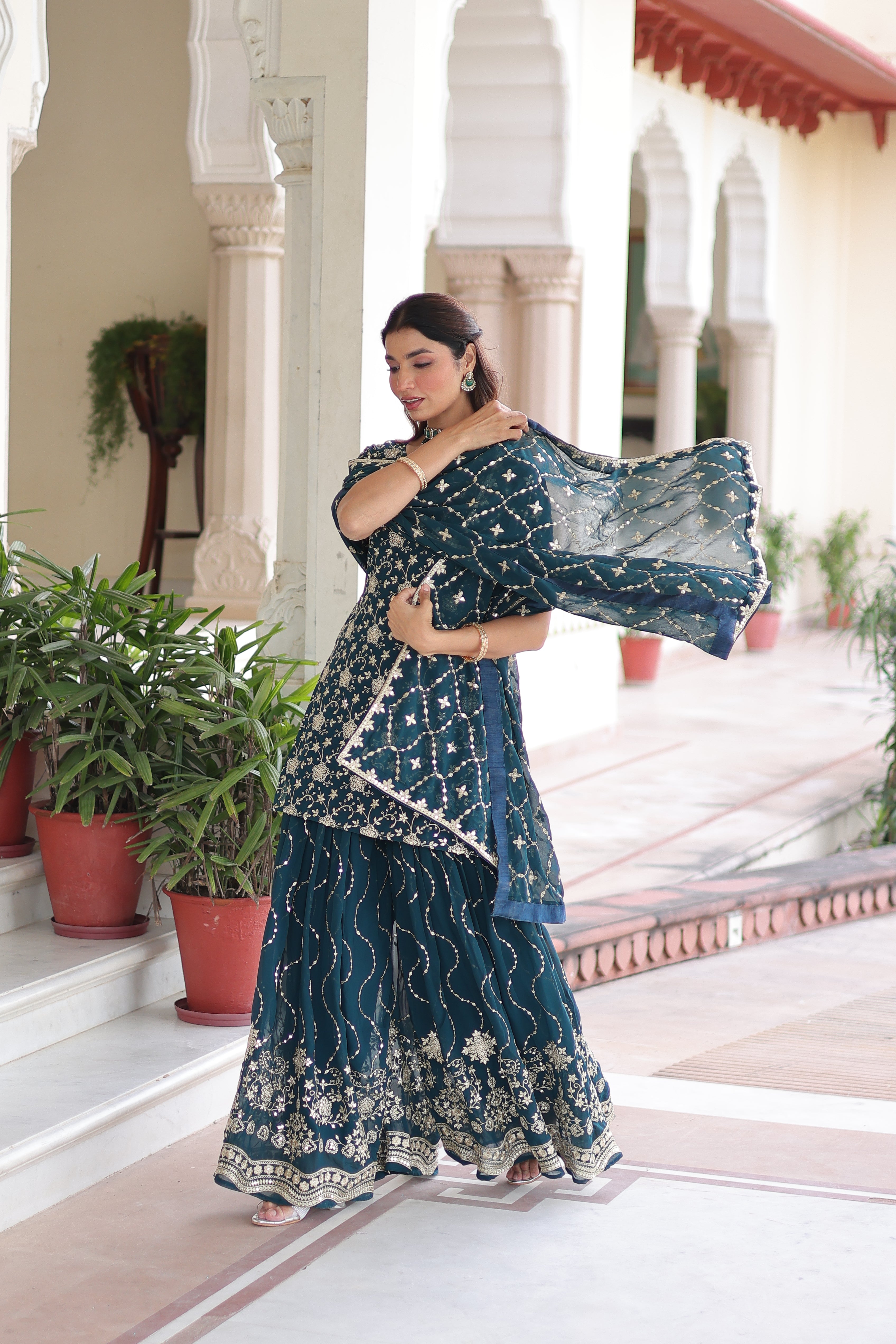 Aysa teal blue faux georgette kurti sharara set with rich sequins embroidery