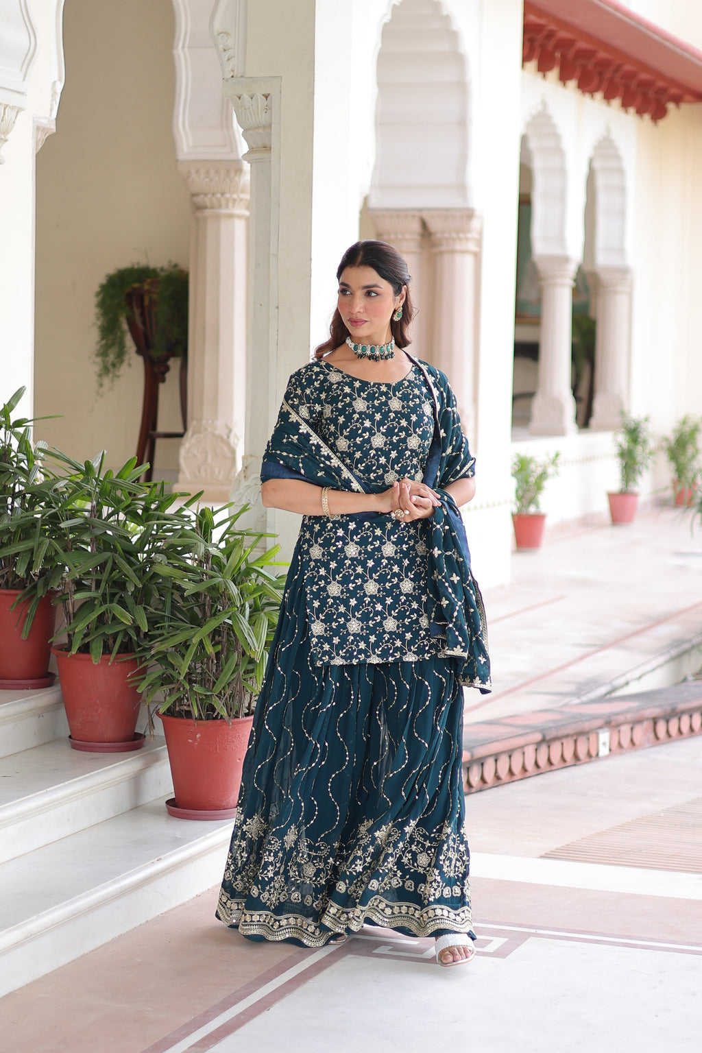 Aysa teal blue faux georgette kurti sharara set with rich sequins embroidery