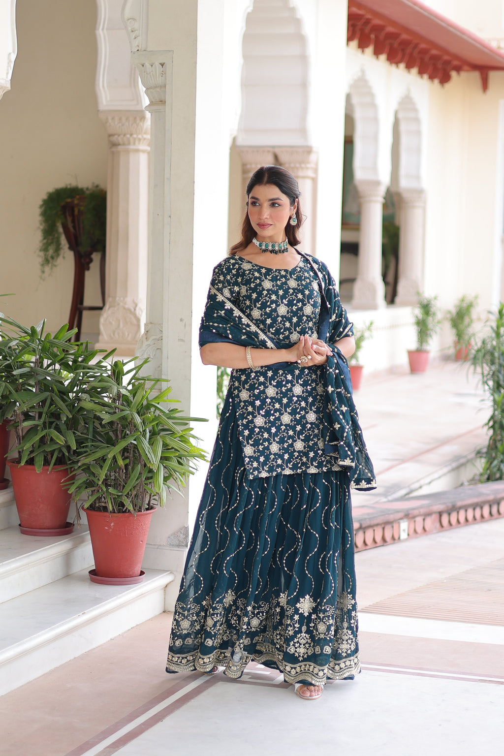 Aysa teal blue faux georgette kurti sharara set with rich sequins embroidery