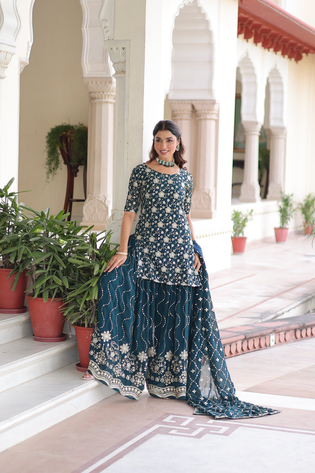 Aysa teal blue faux georgette kurti sharara set with rich sequins embroidery