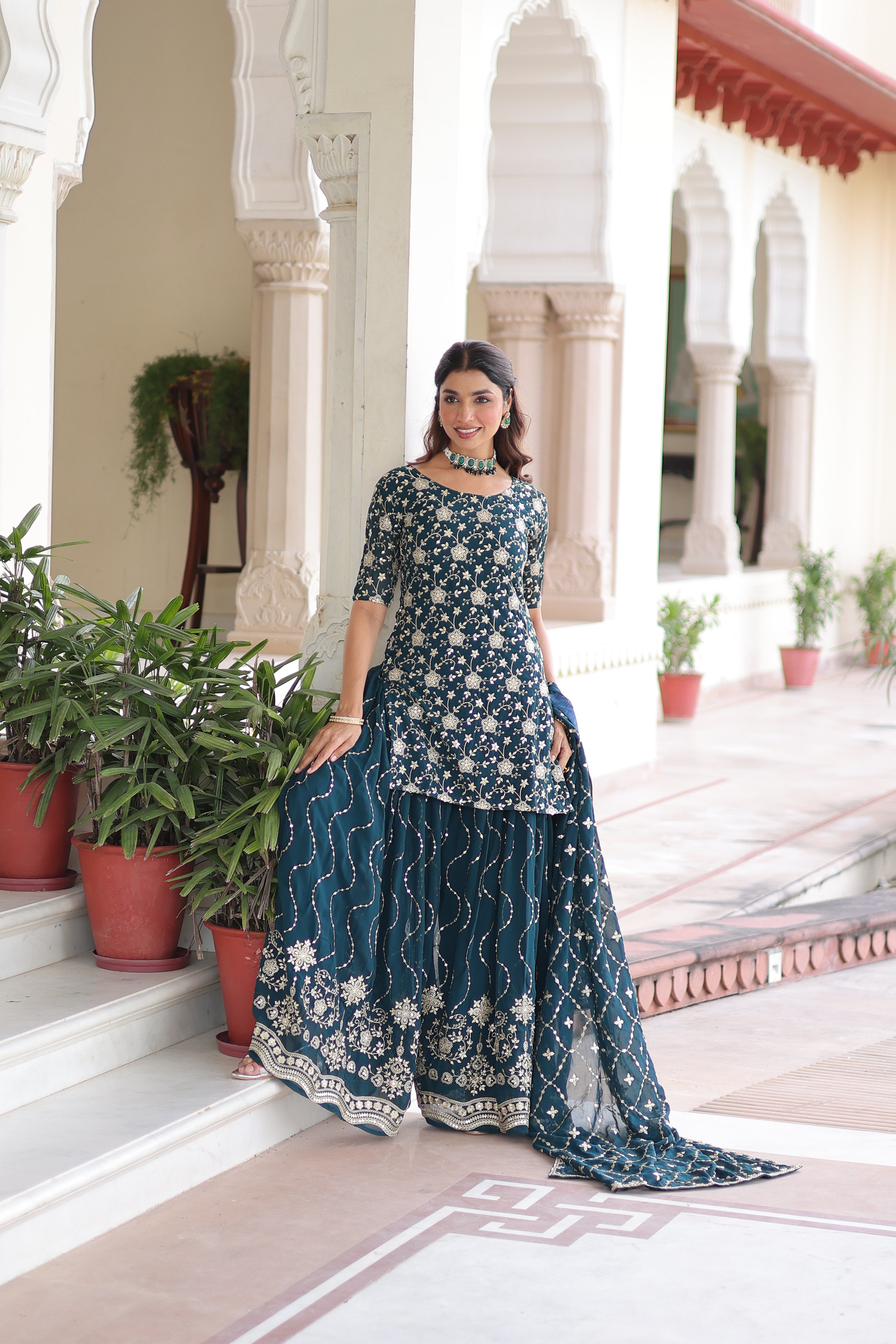 Aysa teal blue faux georgette kurti sharara set with rich sequins embroidery