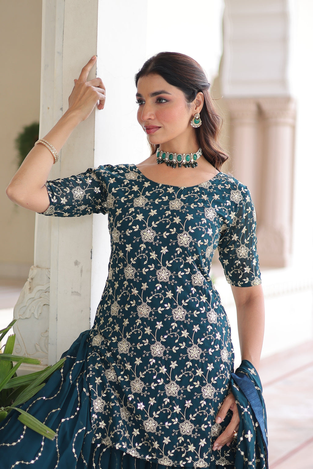 Aysa teal blue faux georgette kurti sharara set with rich sequins embroidery