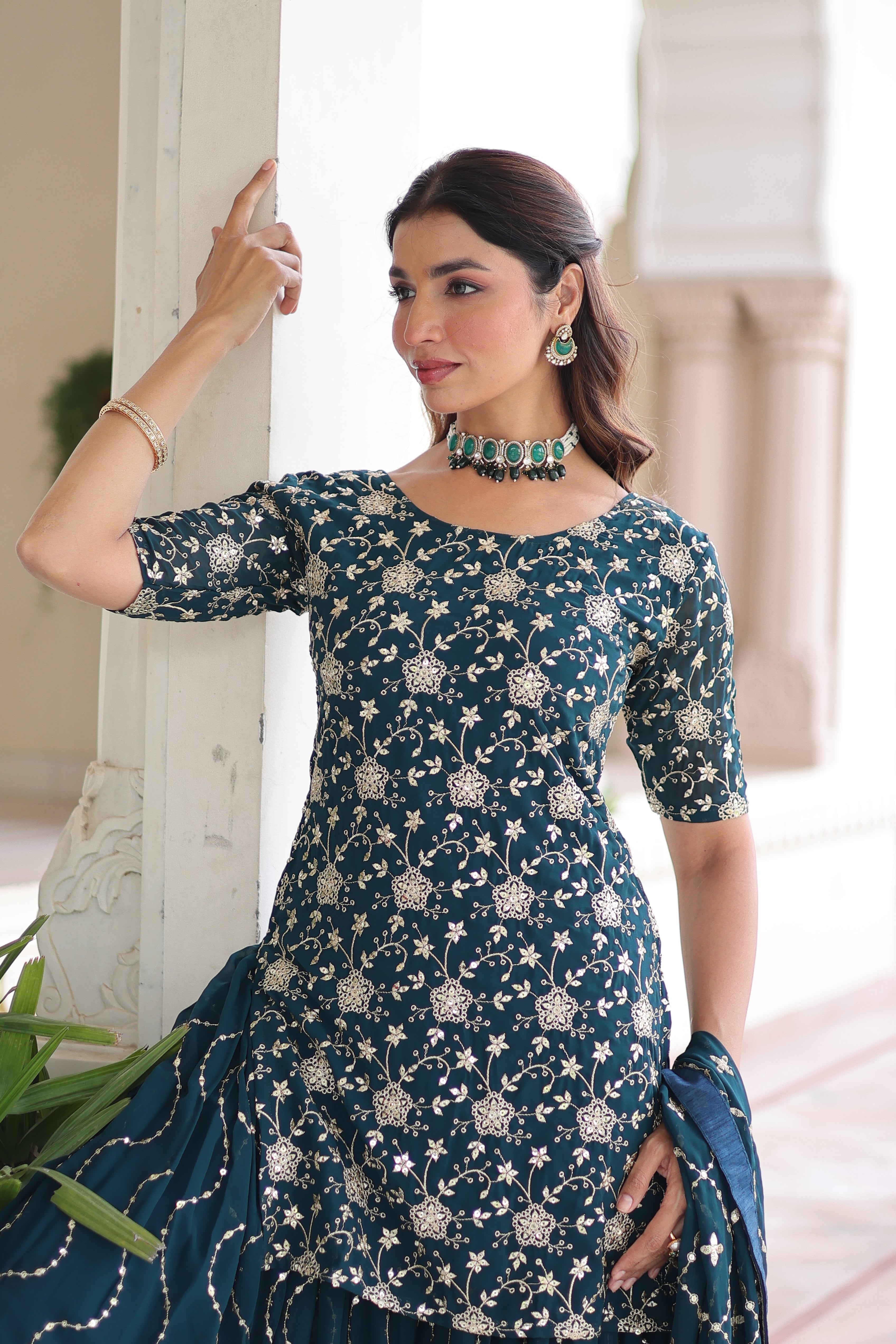 Aysa teal blue faux georgette kurti sharara set with rich sequins embroidery