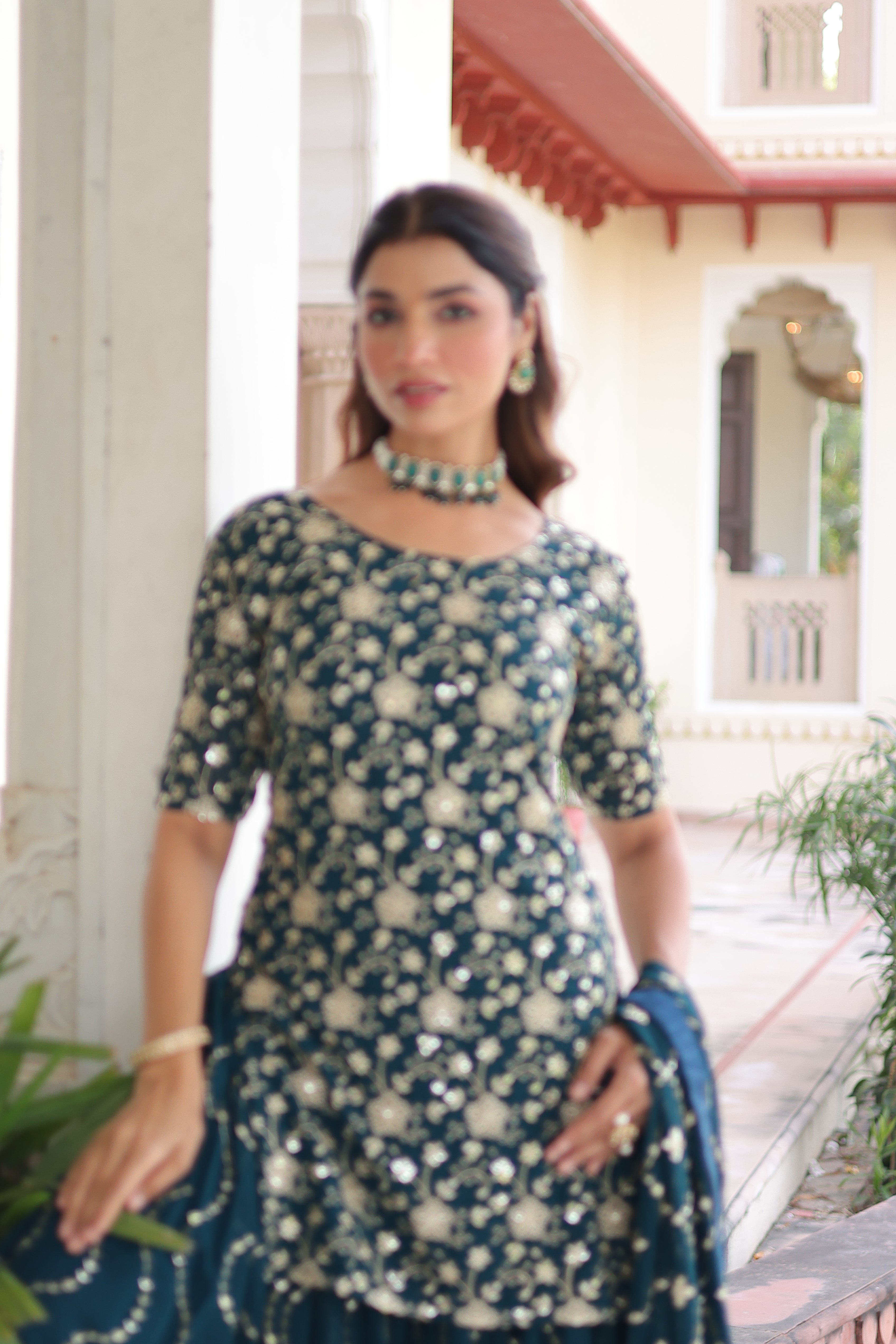 Aysa teal blue faux georgette kurti sharara set with rich sequins embroidery