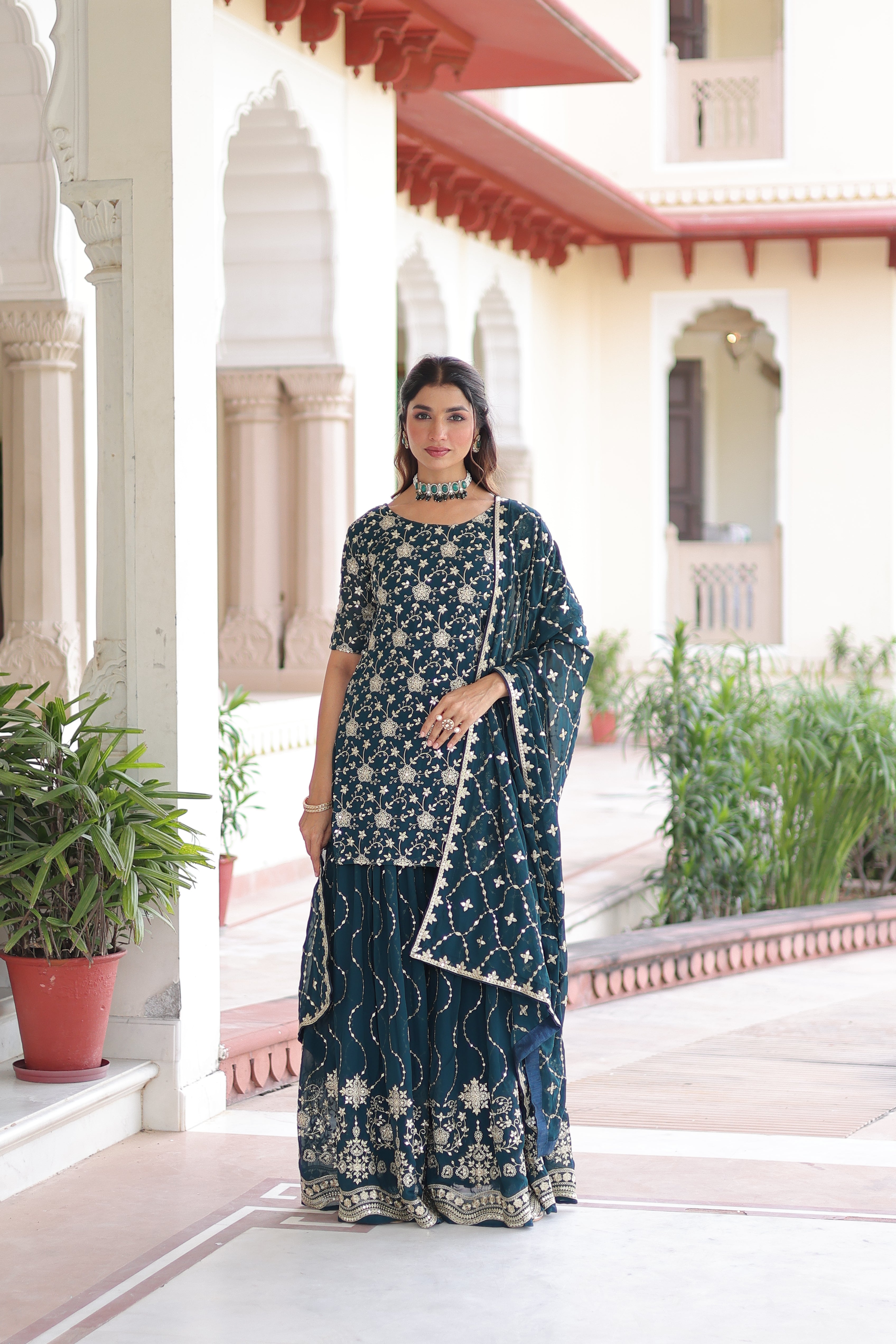 Aysa teal blue faux georgette kurti sharara set with rich sequins embroidery