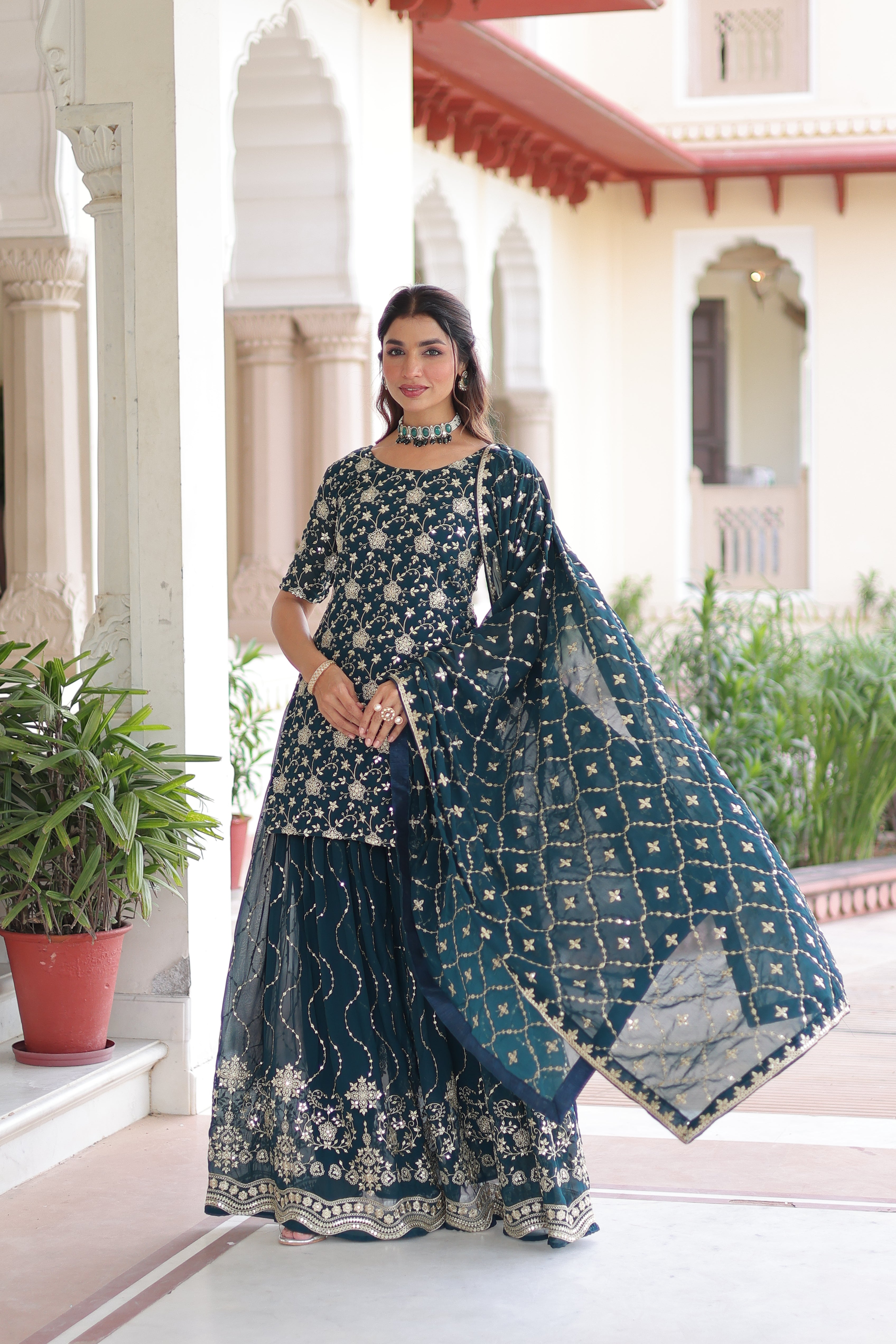 Aysa teal blue faux georgette kurti sharara set with rich sequins embroidery