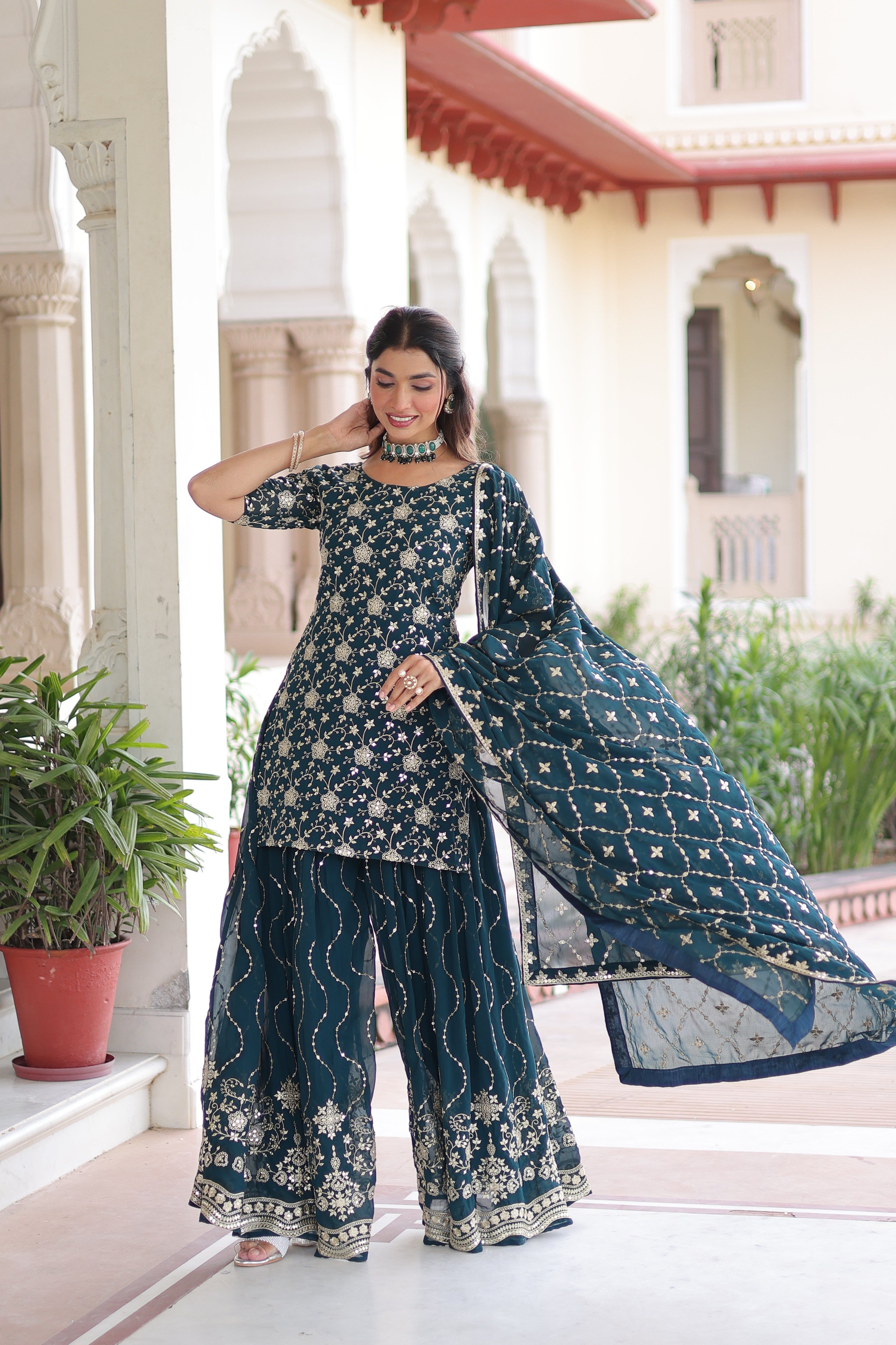 Aysa teal blue faux georgette kurti sharara set with rich sequins embroidery