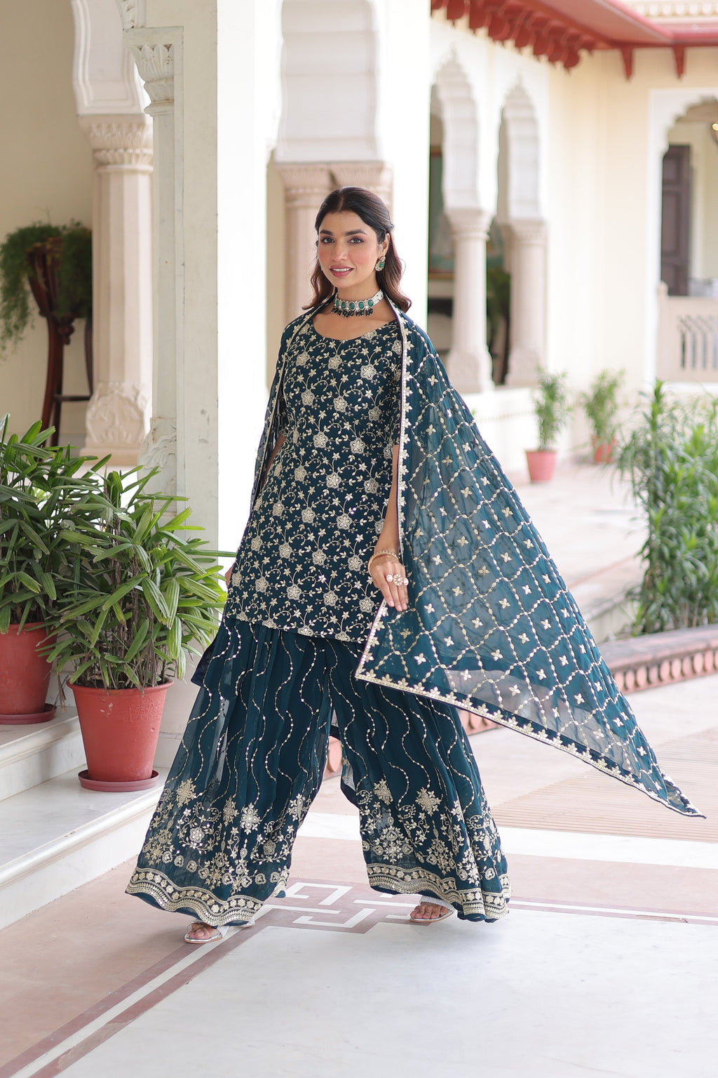 Aysa teal blue faux georgette kurti sharara set with rich sequins embroidery