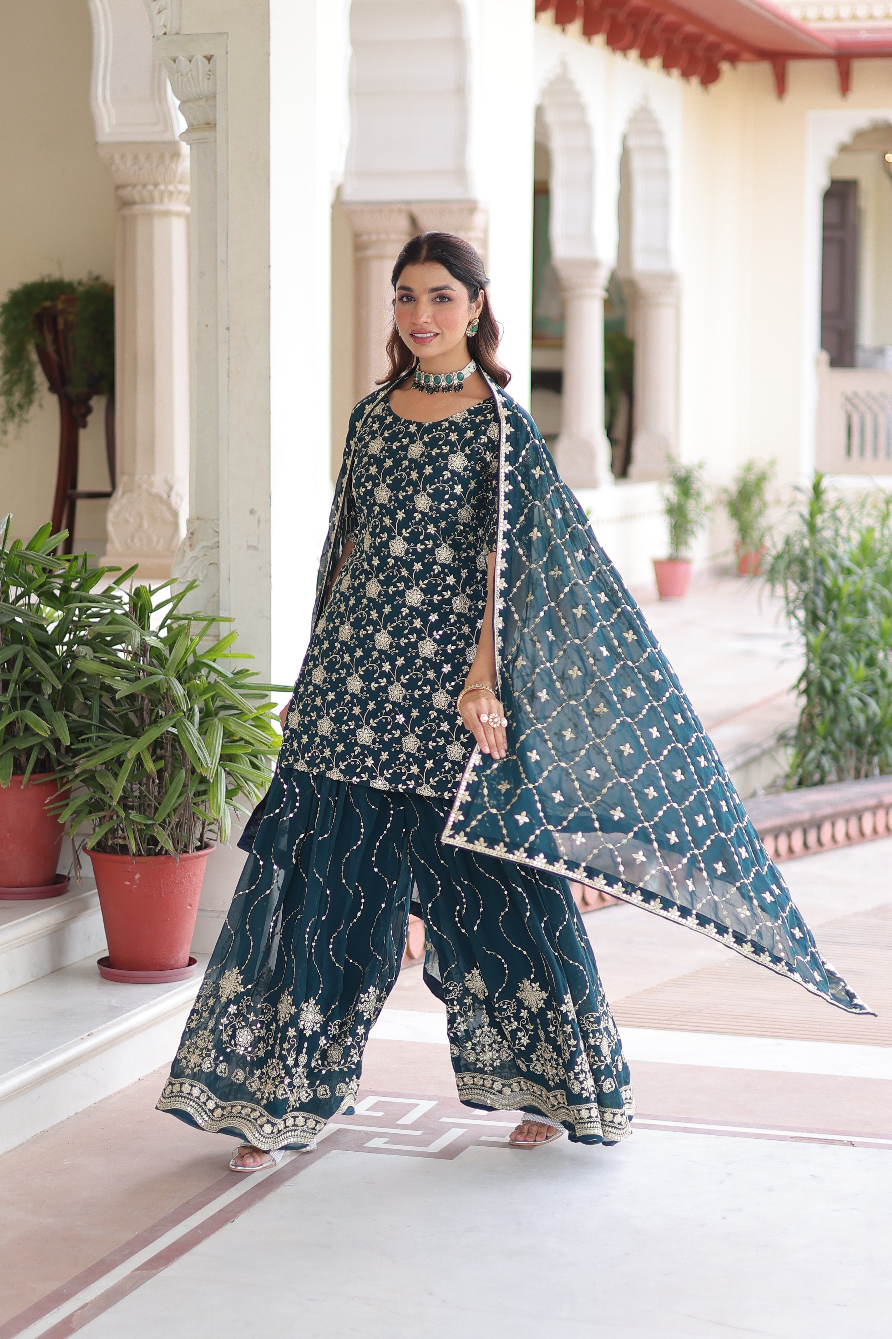 Aysa teal blue faux georgette kurti sharara set with rich sequins embroidery