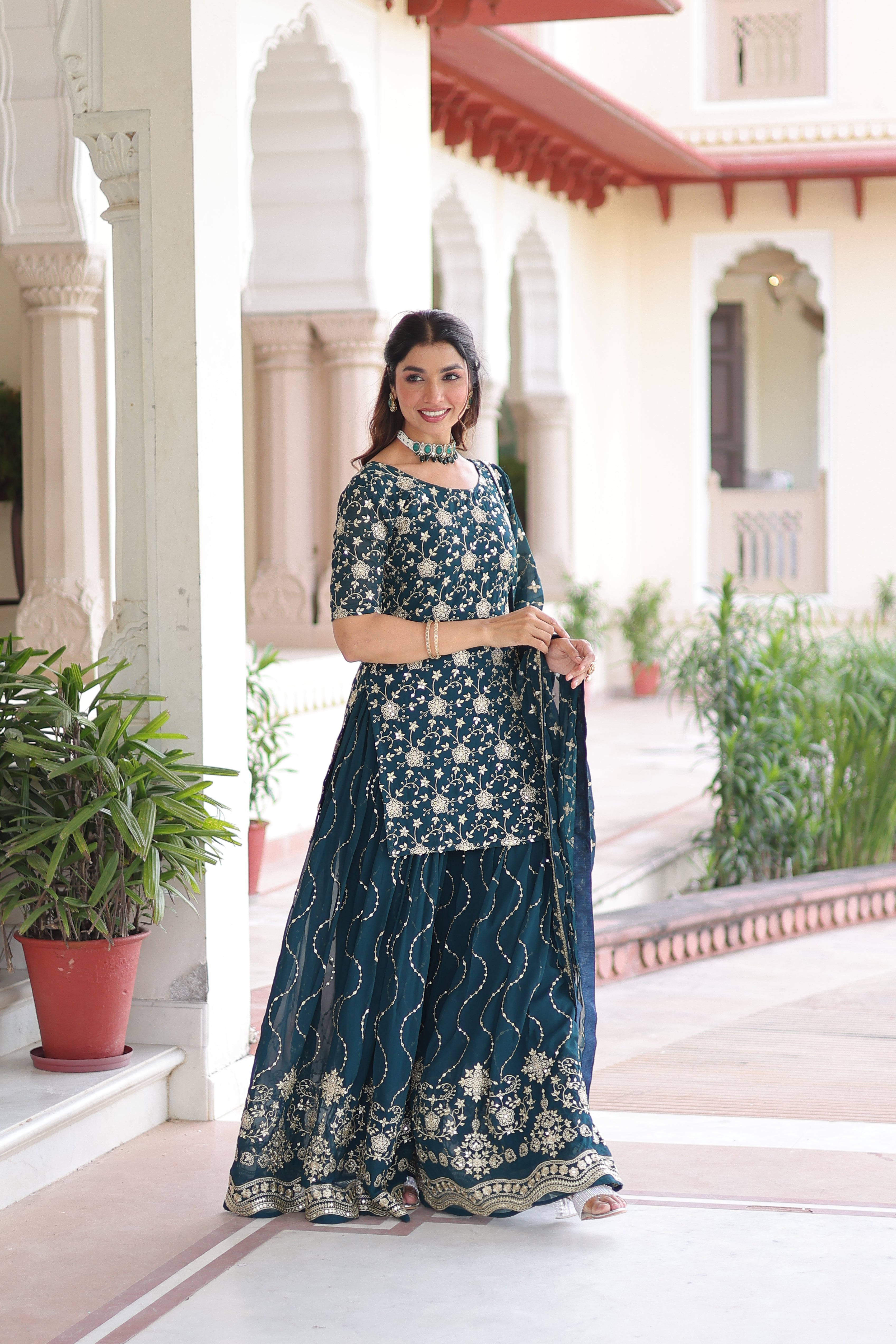 Aysa teal blue faux georgette kurti sharara set with rich sequins embroidery