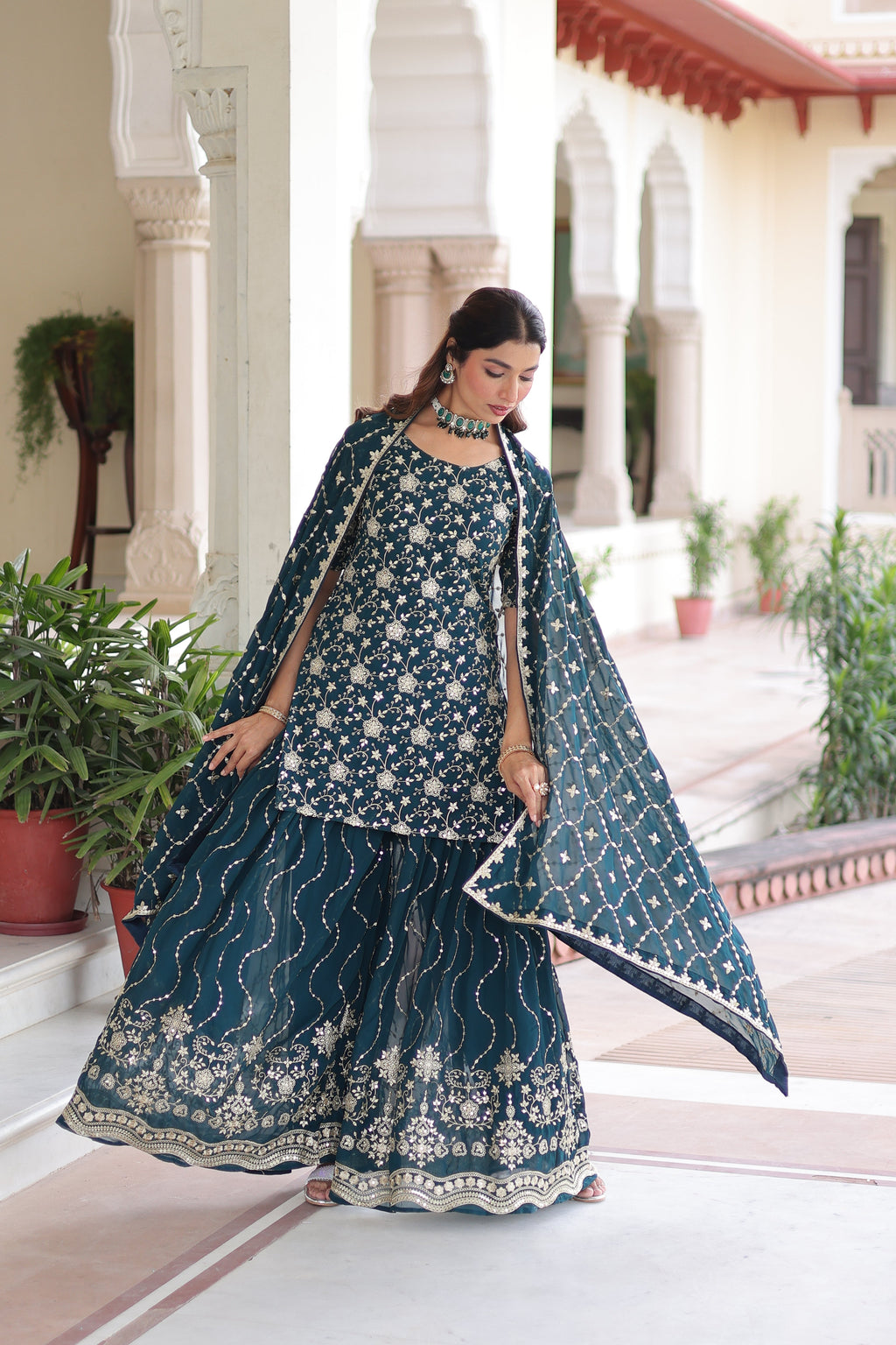 Aysa teal blue faux georgette kurti sharara set with rich sequins embroidery