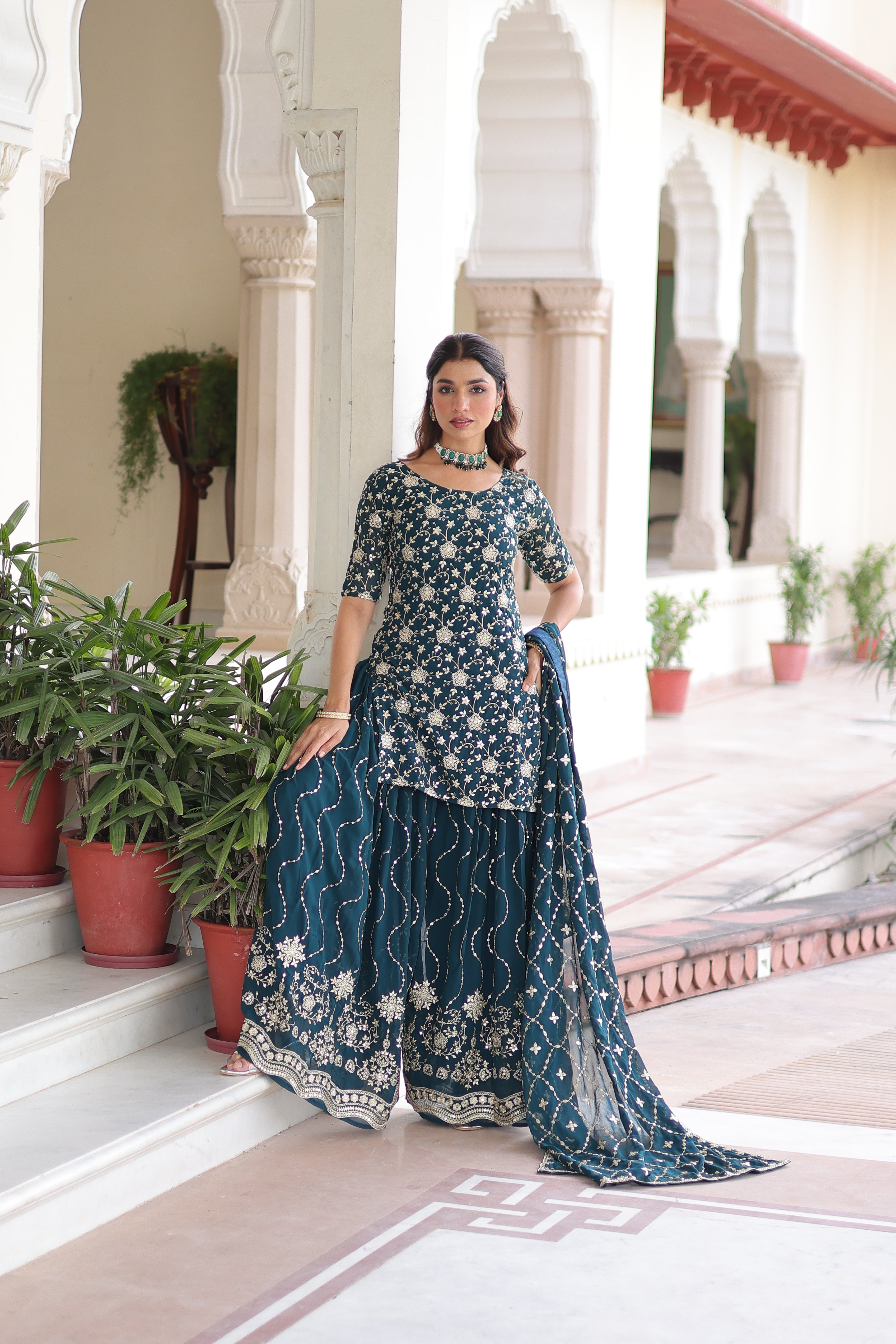 Aysa teal blue faux georgette kurti sharara set with rich sequins embroidery