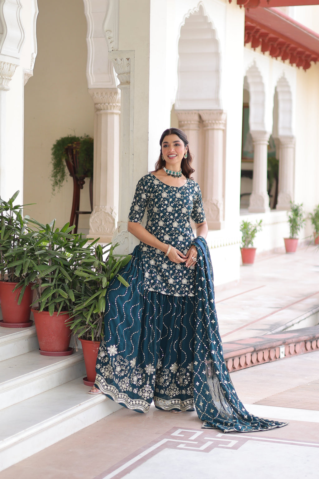 Aysa teal blue faux georgette kurti sharara set with rich sequins embroidery