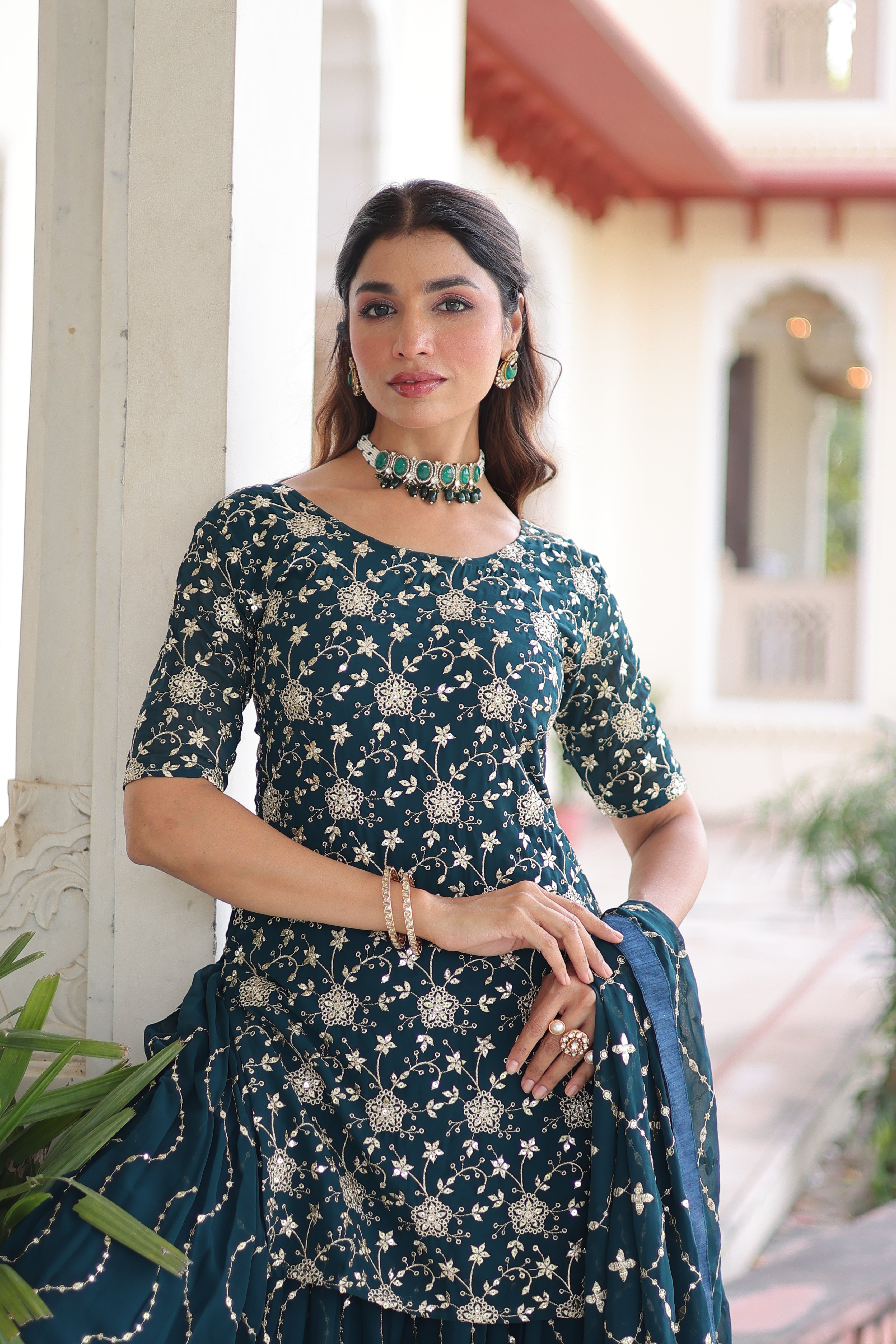 Aysa teal blue faux georgette kurti sharara set with rich sequins embroidery