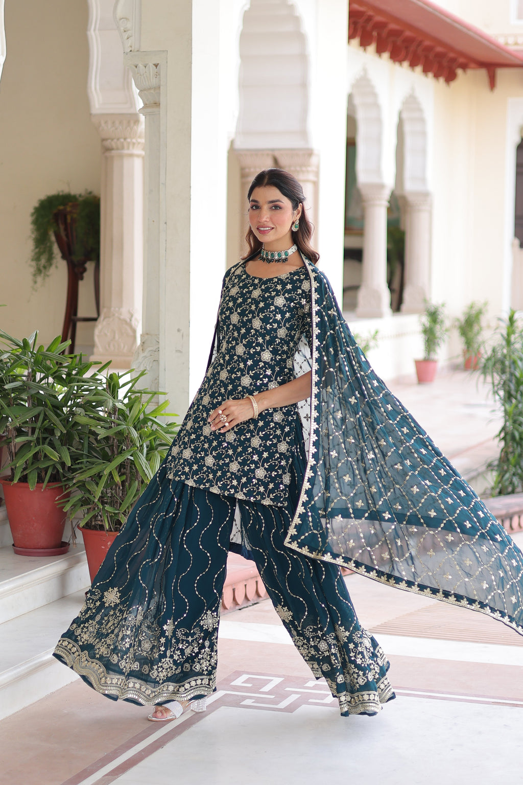 Aysa teal blue faux georgette kurti sharara set with rich sequins embroidery