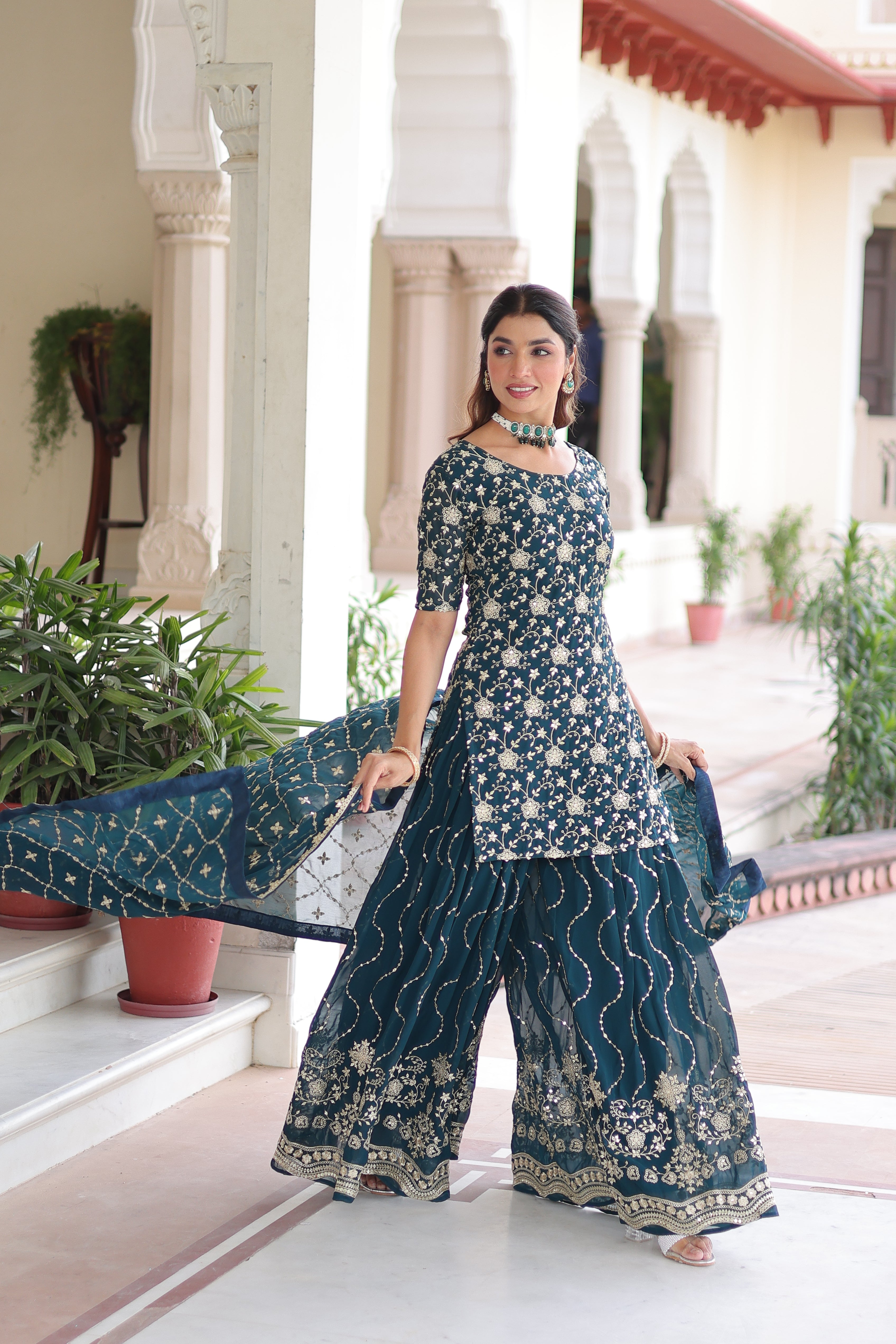 Aysa teal blue faux georgette kurti sharara set with rich sequins embroidery