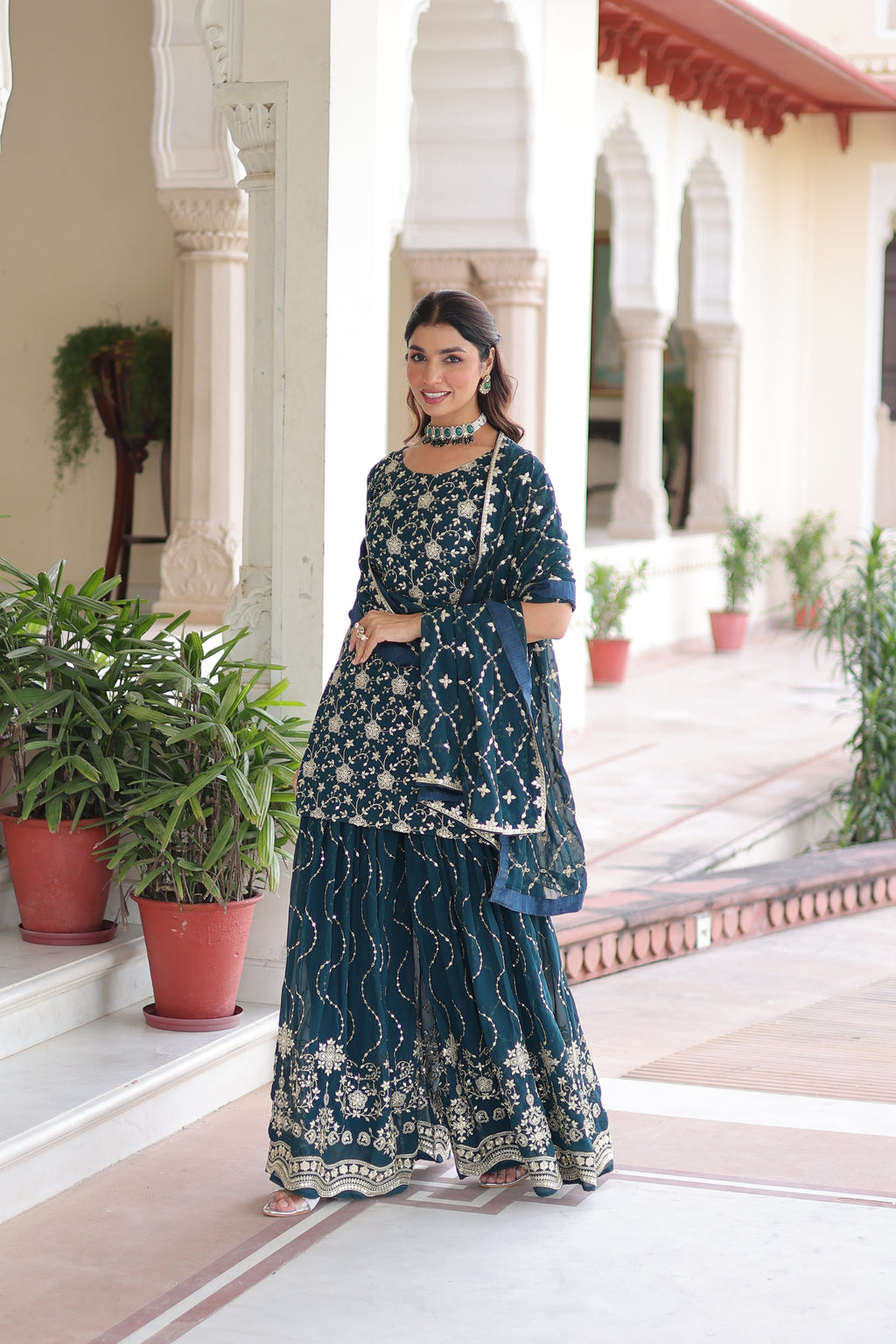 Aysa teal blue faux georgette kurti sharara set with rich sequins embroidery