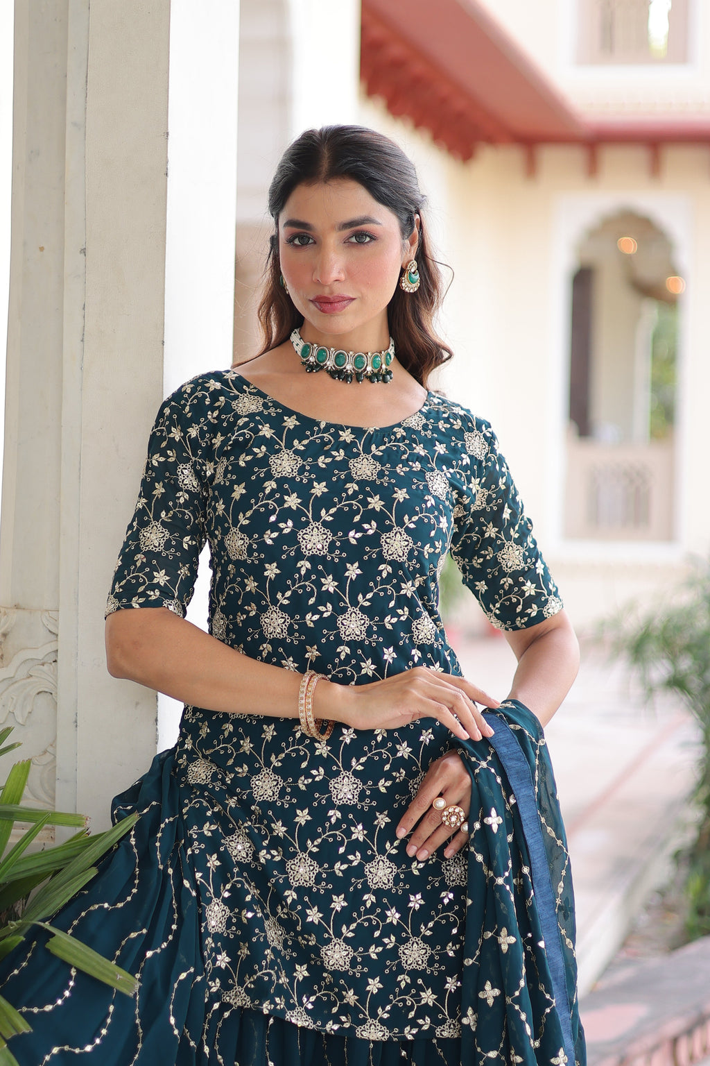 Aysa teal blue faux georgette kurti sharara set with rich sequins embroidery