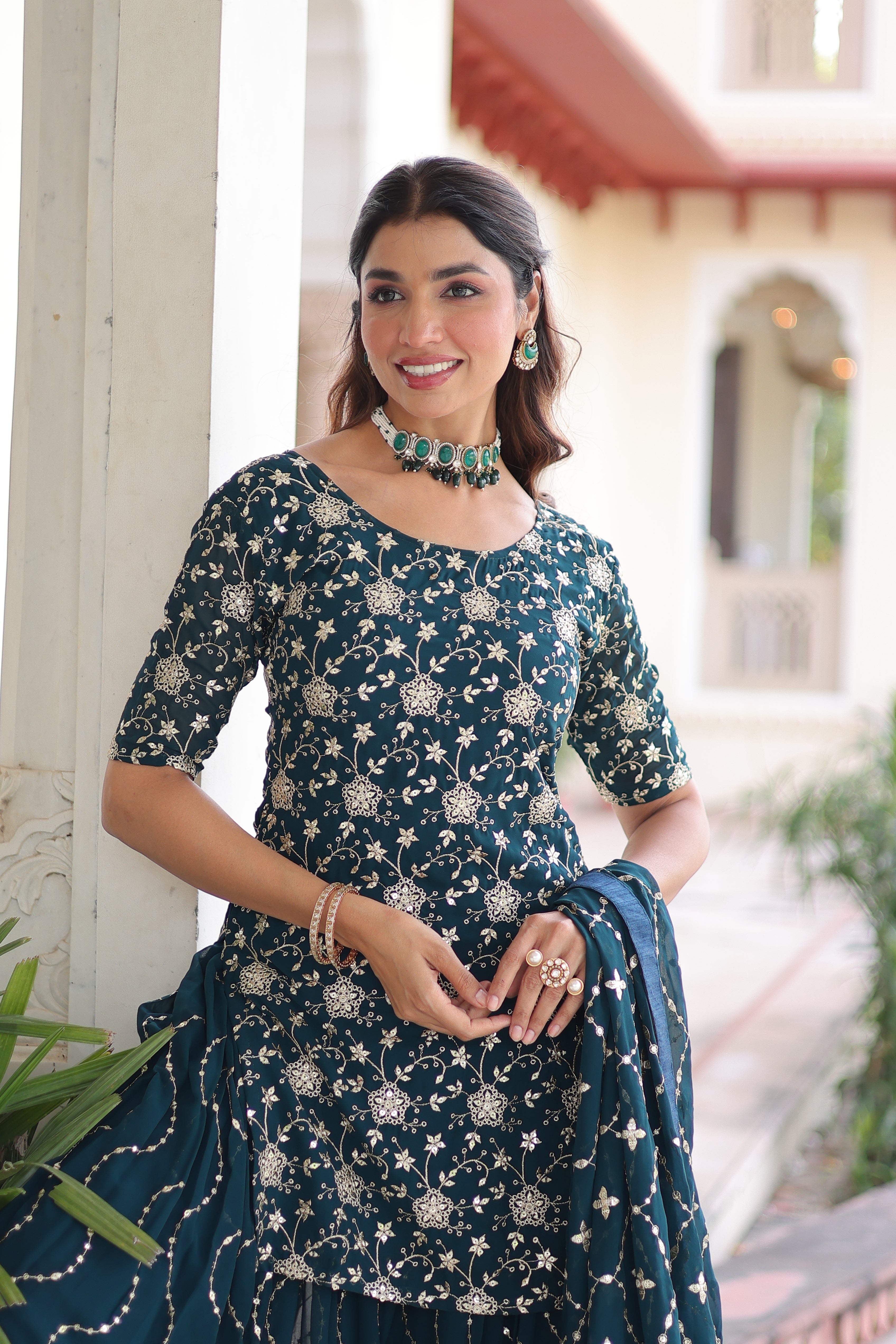 Aysa teal blue faux georgette kurti sharara set with rich sequins embroidery