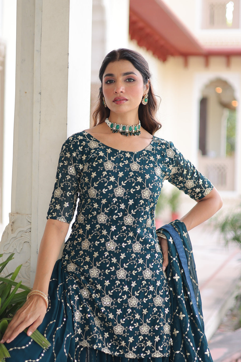 Aysa teal blue faux georgette kurti sharara set with rich sequins embroidery