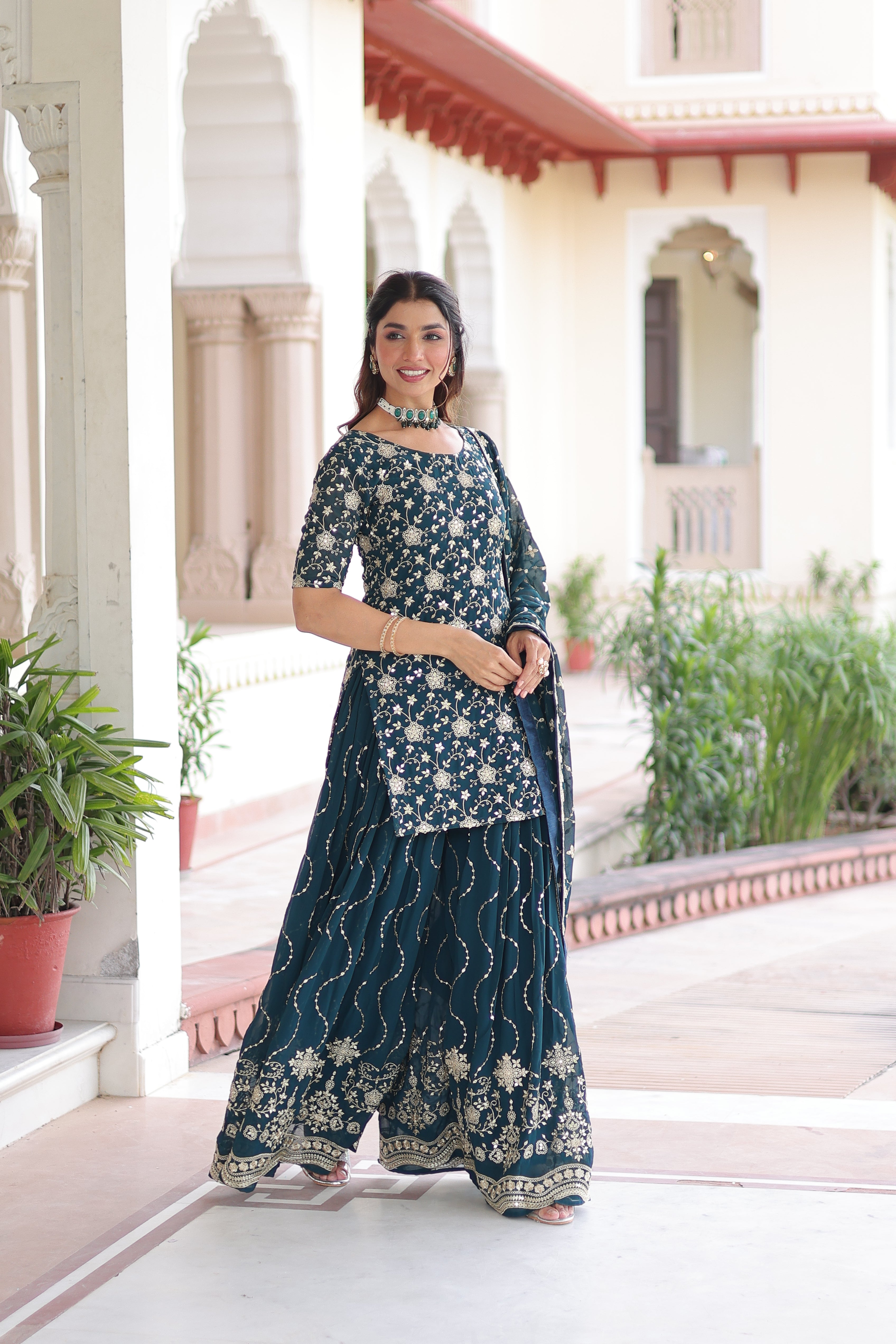 Aysa teal blue faux georgette kurti sharara set with rich sequins embroidery