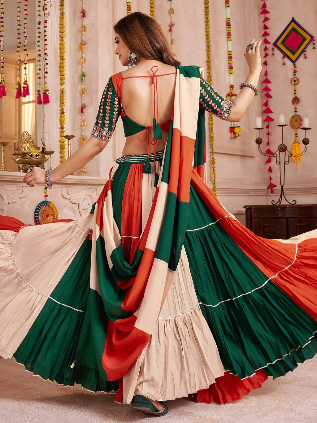 Beige multicolor viscose cotton mirror embroidered lehenga choli
