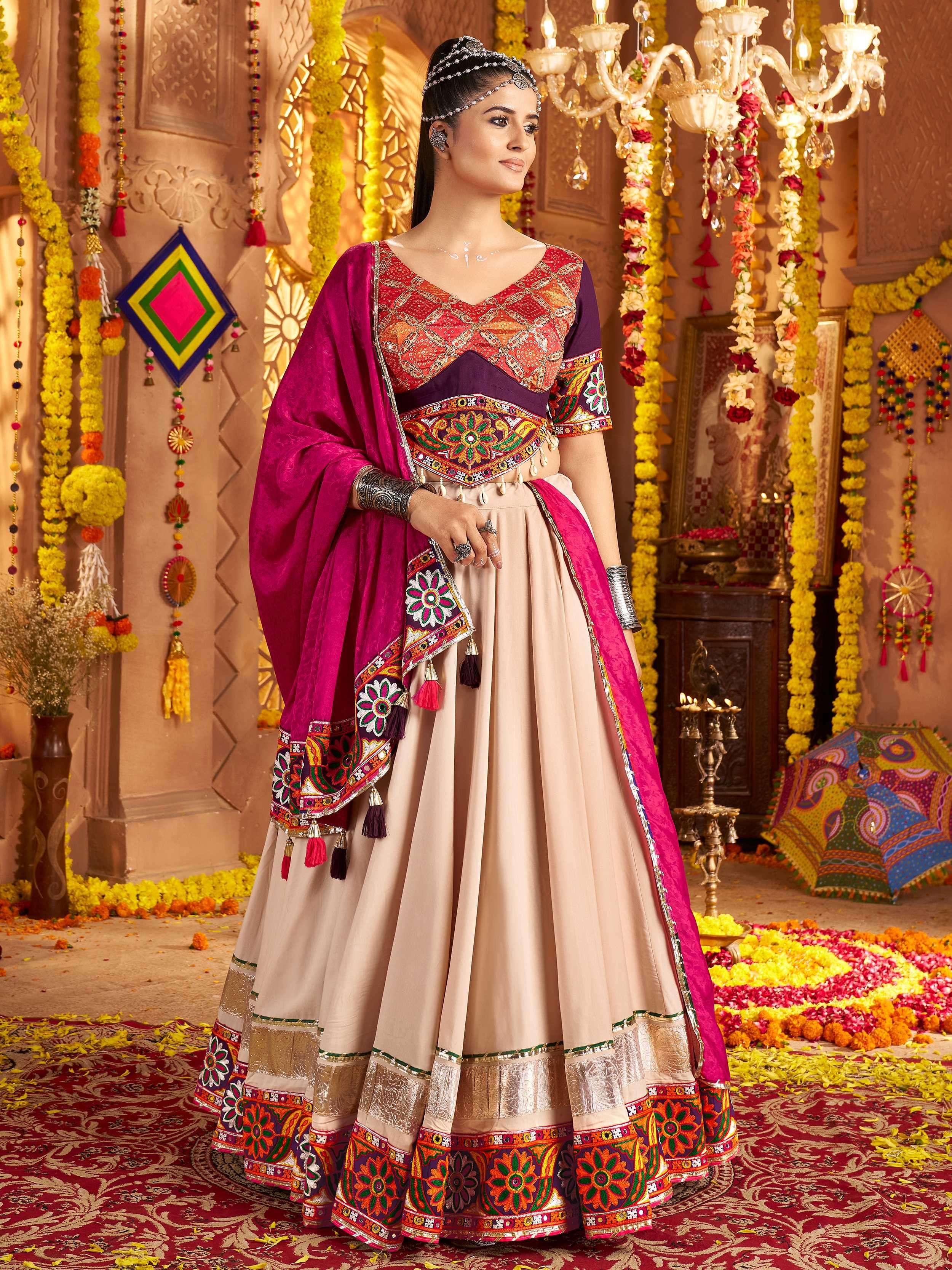 Beige traditional rayon lehenga choli with mirror detailing