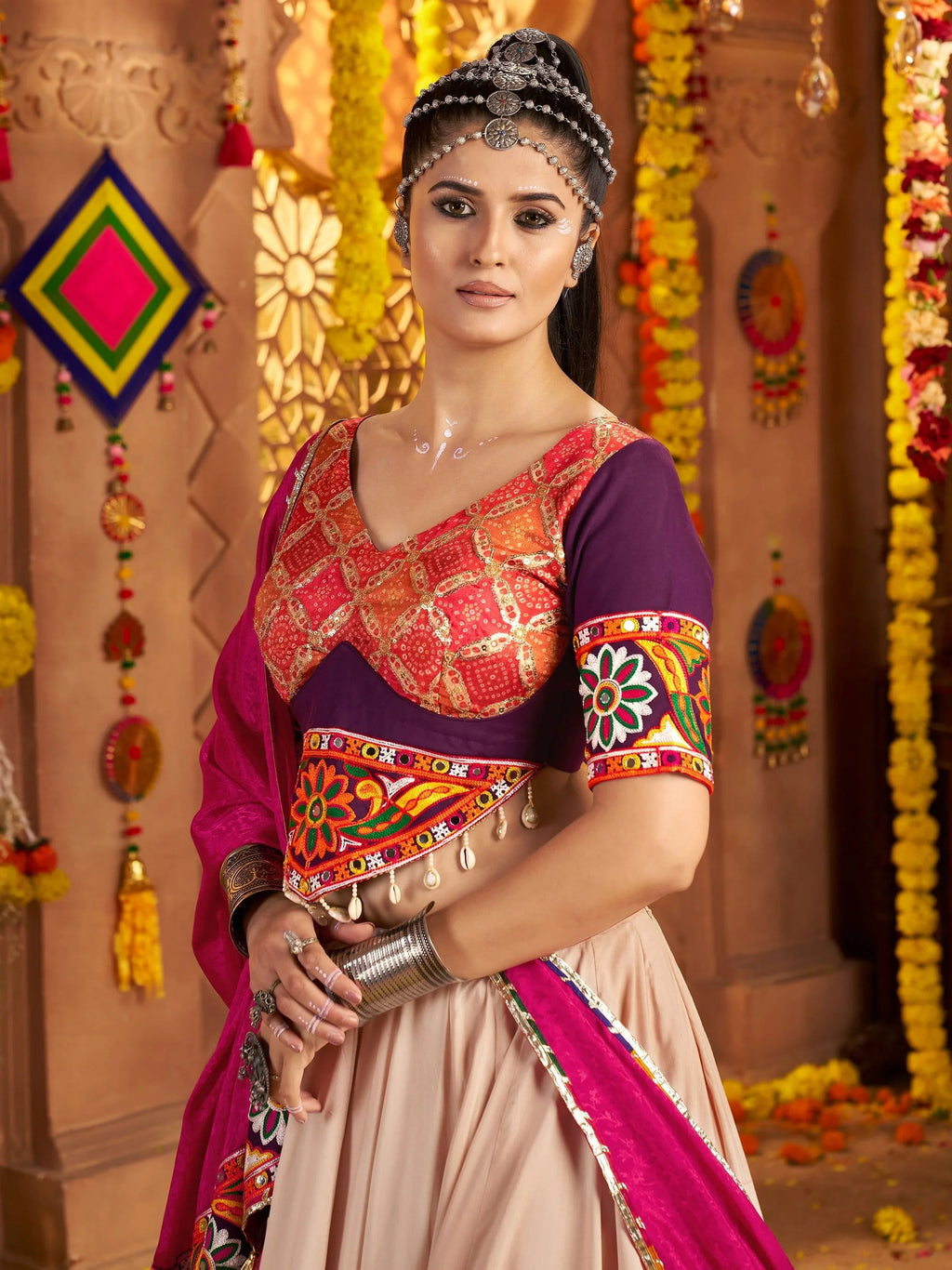 Beige traditional rayon lehenga choli with mirror detailing