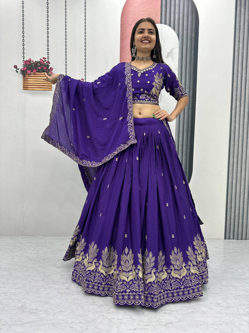 Bhanumati royal purple chinon embroidery work lehenga choli set