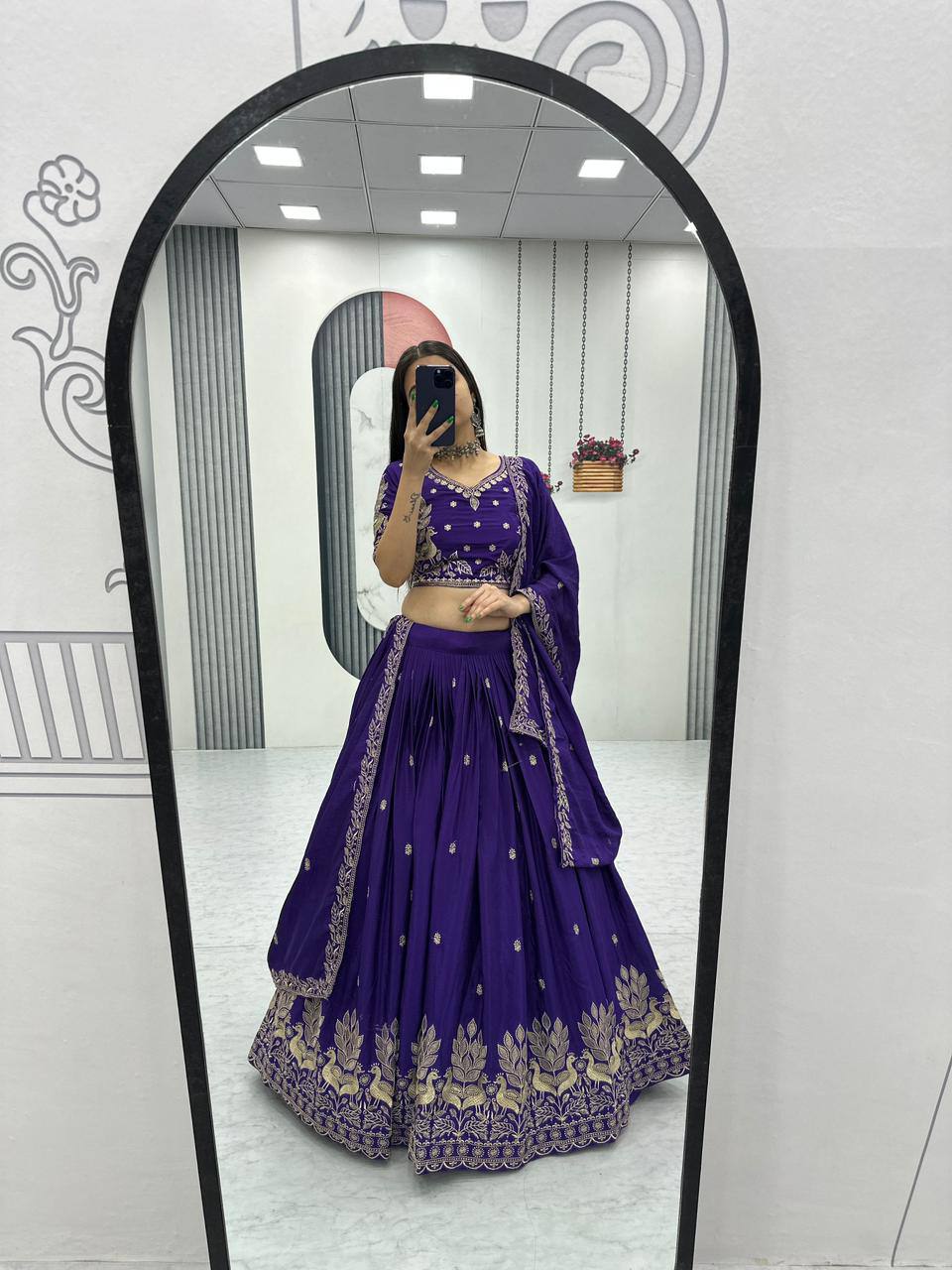 Bhanumati royal purple chinon embroidery work lehenga choli set