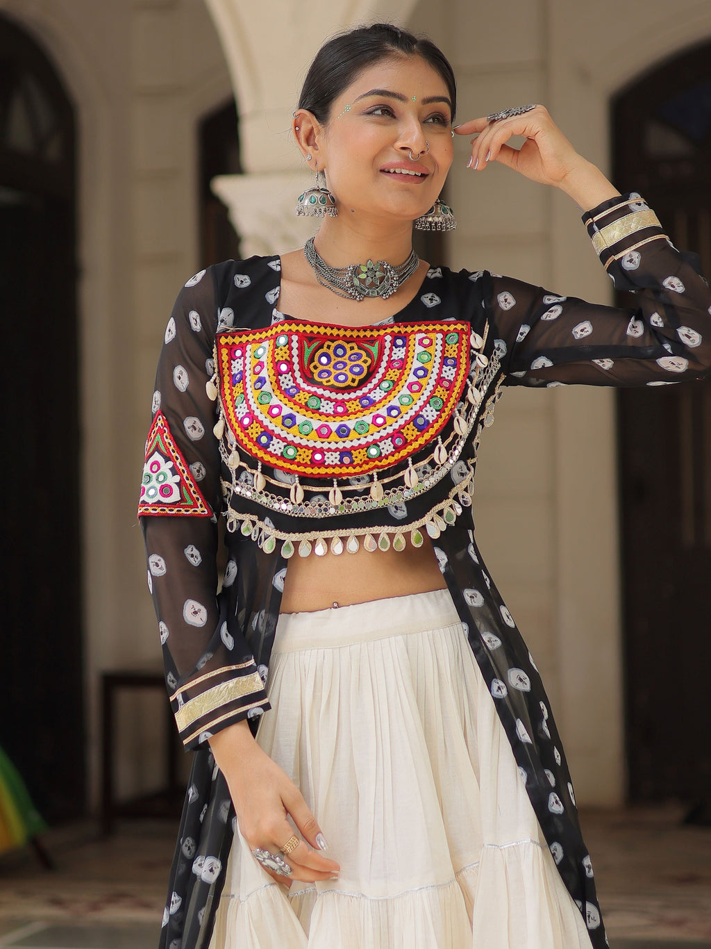Black bandhani print kurti with kutchi patchwork kora cotton lehenga