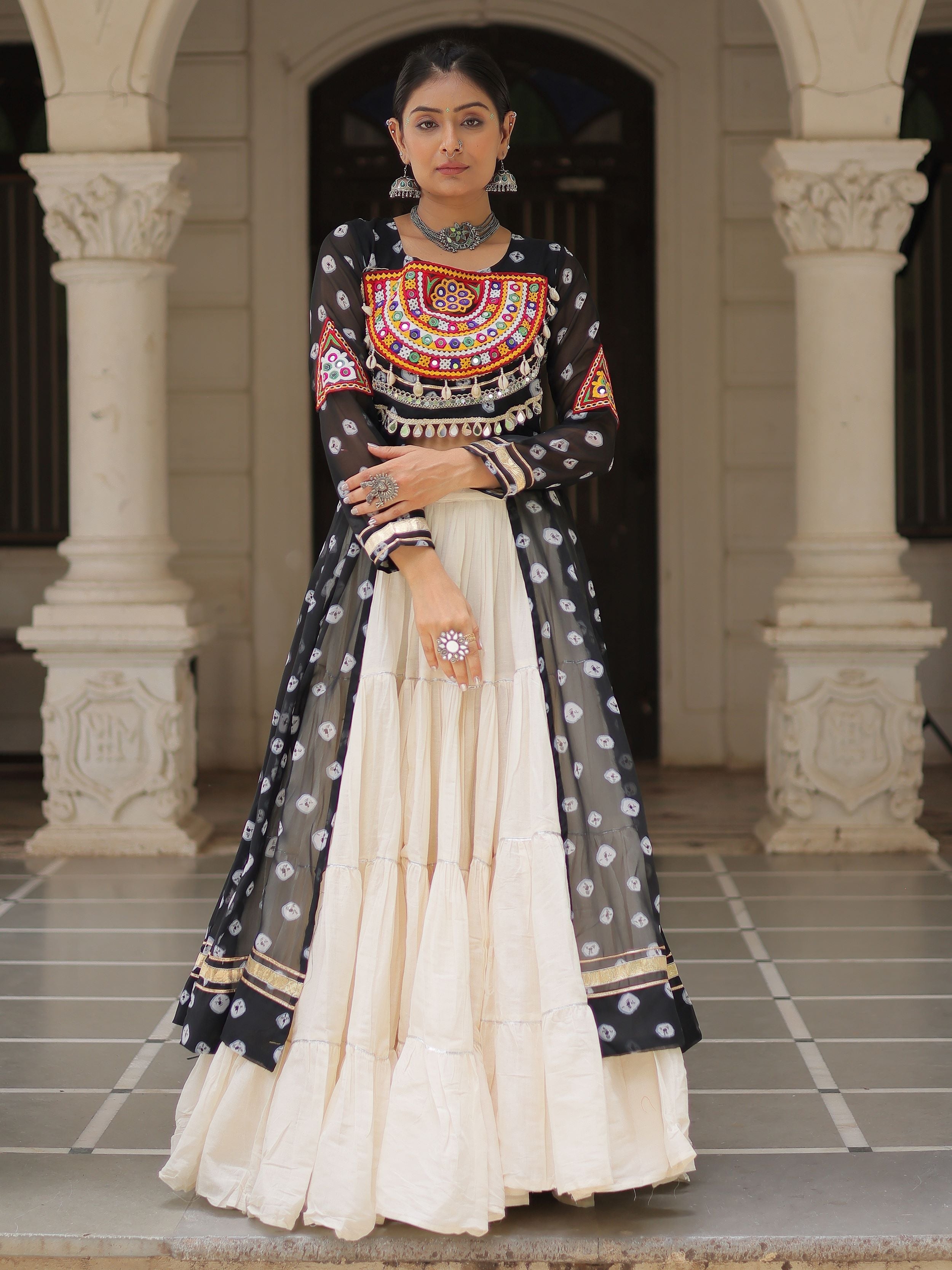 Black bandhani print kurti with kutchi patchwork kora cotton lehenga
