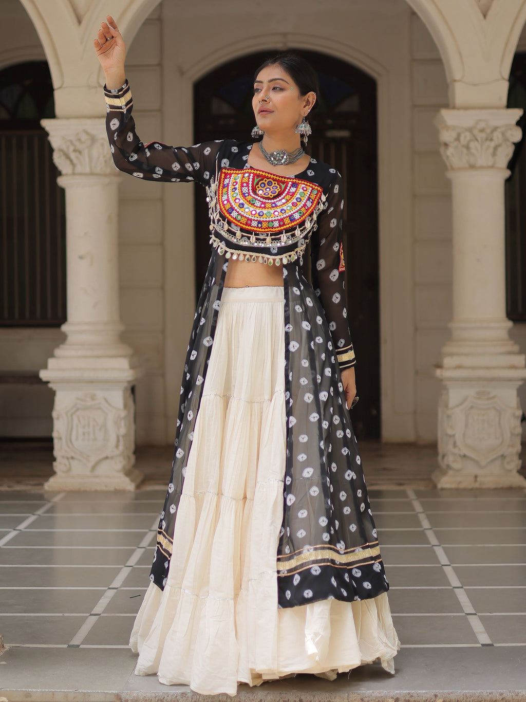 Black bandhani print kurti with kutchi patchwork kora cotton lehenga