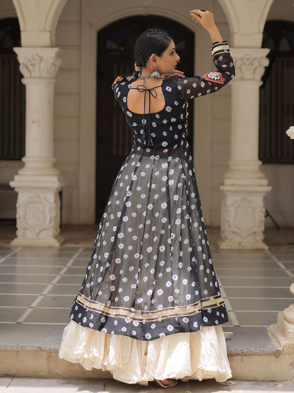 Black bandhani print kurti with kutchi patchwork kora cotton lehenga