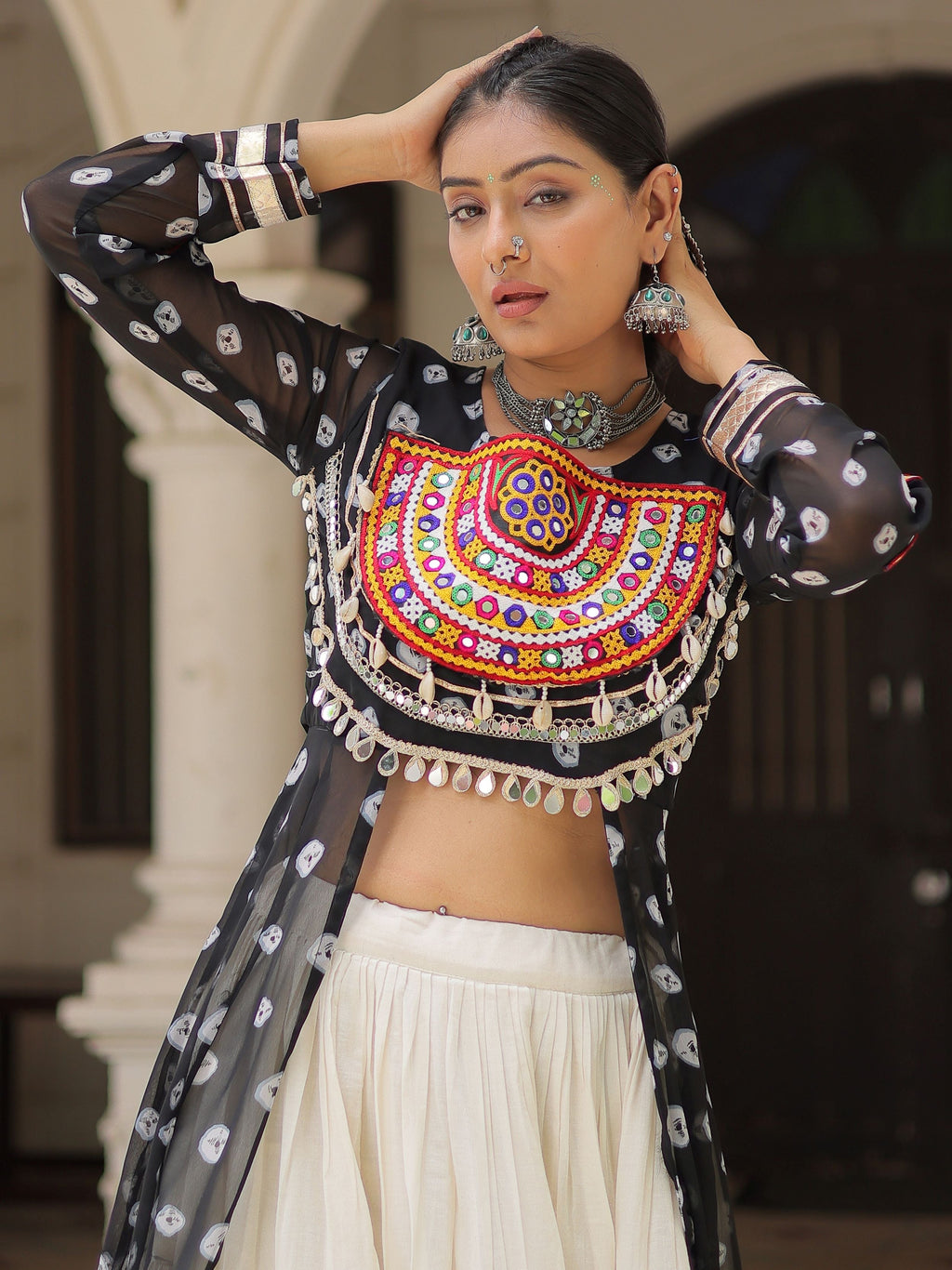 Black bandhani print kurti with kutchi patchwork kora cotton lehenga