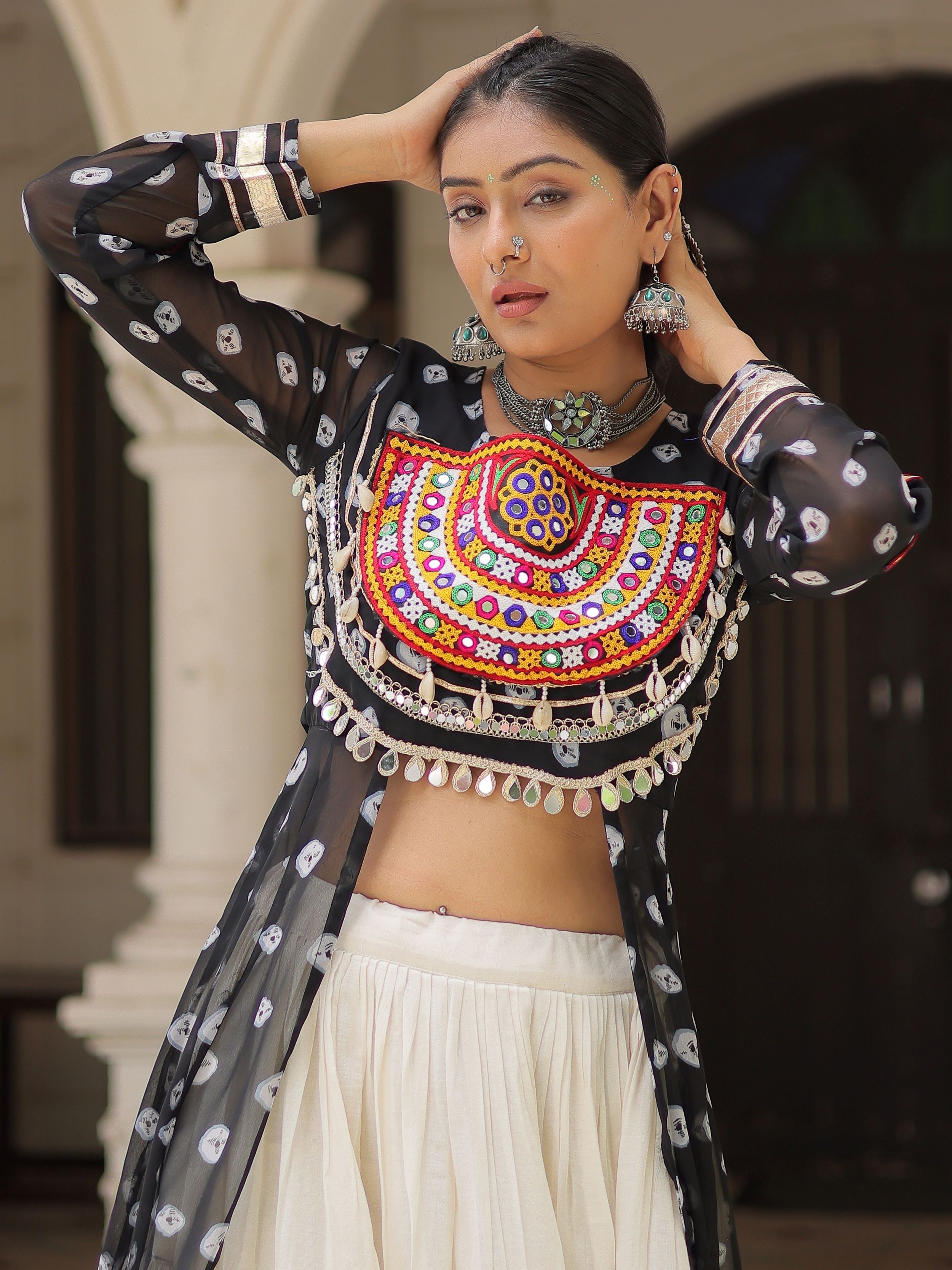 Black bandhani print kurti with kutchi patchwork kora cotton lehenga