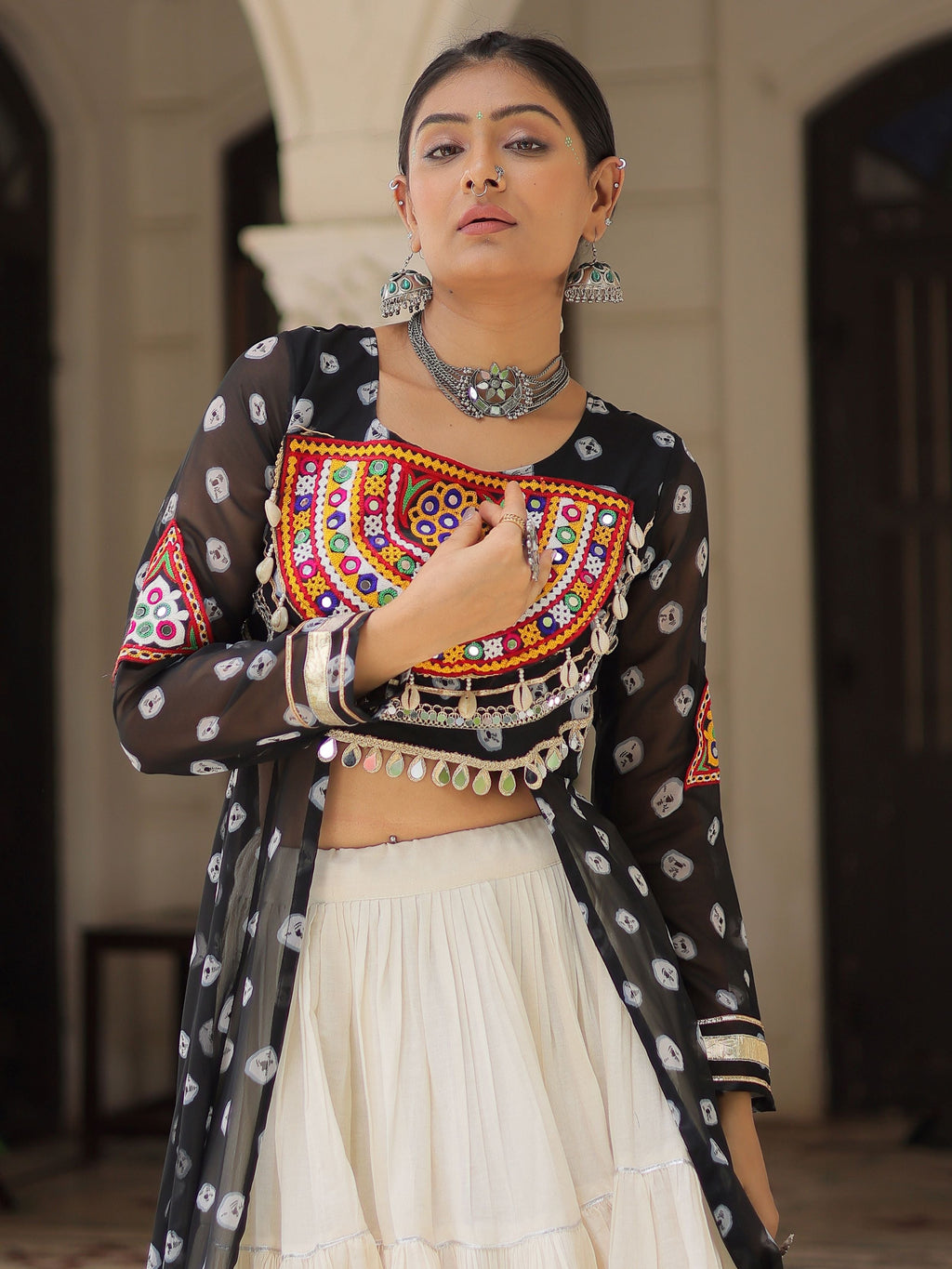 Black bandhani print kurti with kutchi patchwork kora cotton lehenga